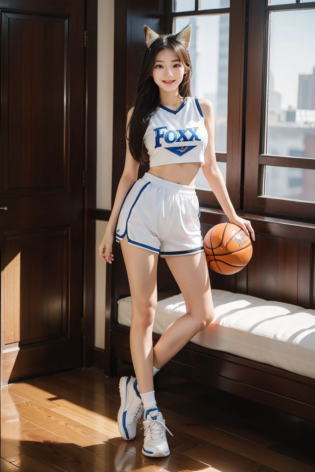 (masterpiece), (best quality), 8k resolution, 1girl, Asian girl, stunning beauty, perfect face, mature female, 20yo, fox ears, full body, sexy, basket ball clothes, smile