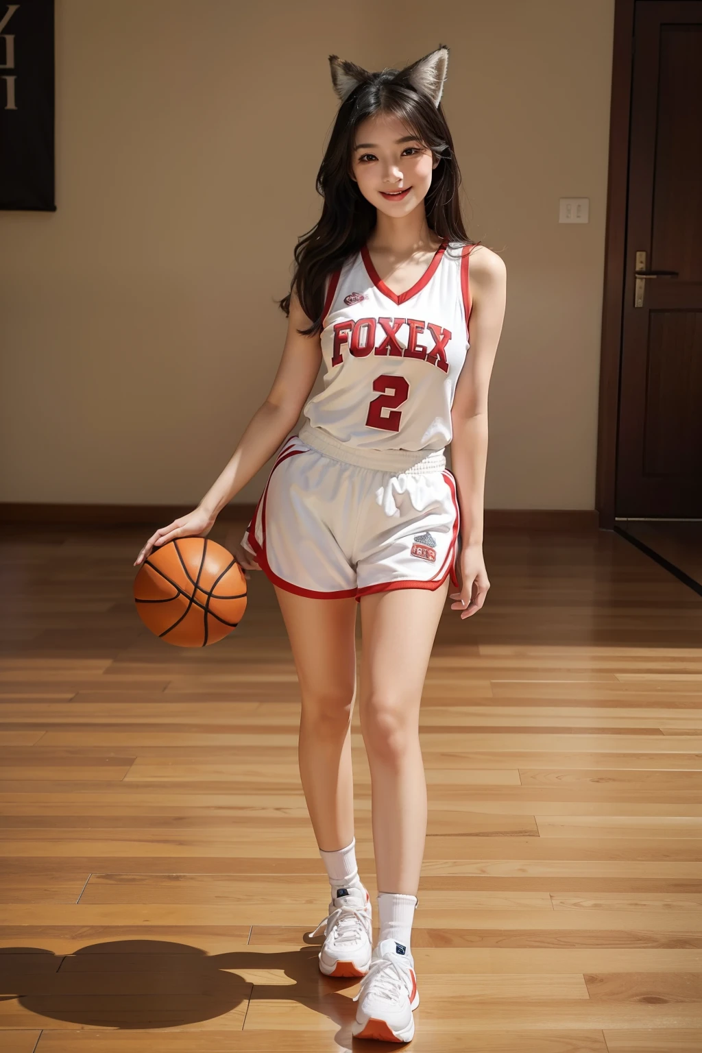 (masterpiece), (best quality), 8k resolution, 1girl, Asian girl, stunning beauty, perfect face, mature female, 20yo, fox ears, full body, sexy, basket ball clothes, smile