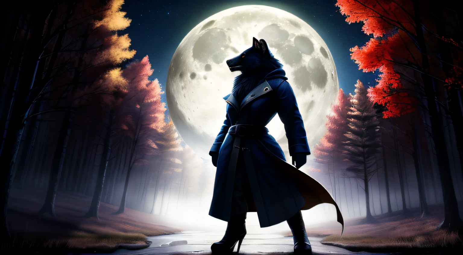 (best quality,4k,8k,highres,masterpiece:1.2),ultra-detailed,(realistic,photorealistic,photo-realistic:1.37), furry, fierce, confident, majestic, untamed, gleaming eyes, strong muzzle, sharp teeth, muscular body, luxurious fur, proud stance, alpha female, the sound of rustling leaves, moonlit forest, misty ambiance, moonlight shining on her coat, powerful silhouette, muted colors, illuminated by moonlight