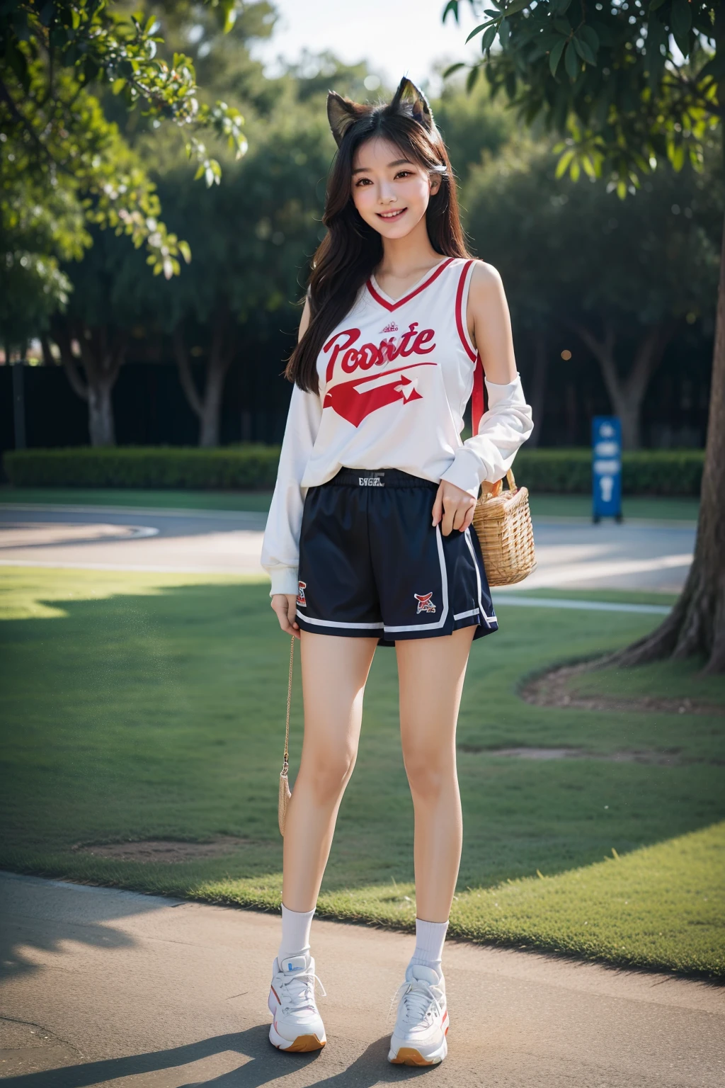 (masterpiece), (best quality), 8k resolution, 1girl, Asian girl, stunning beauty, perfect face, mature female, 20yo, fox ears, full body, sexy, basket ball clothes, smile