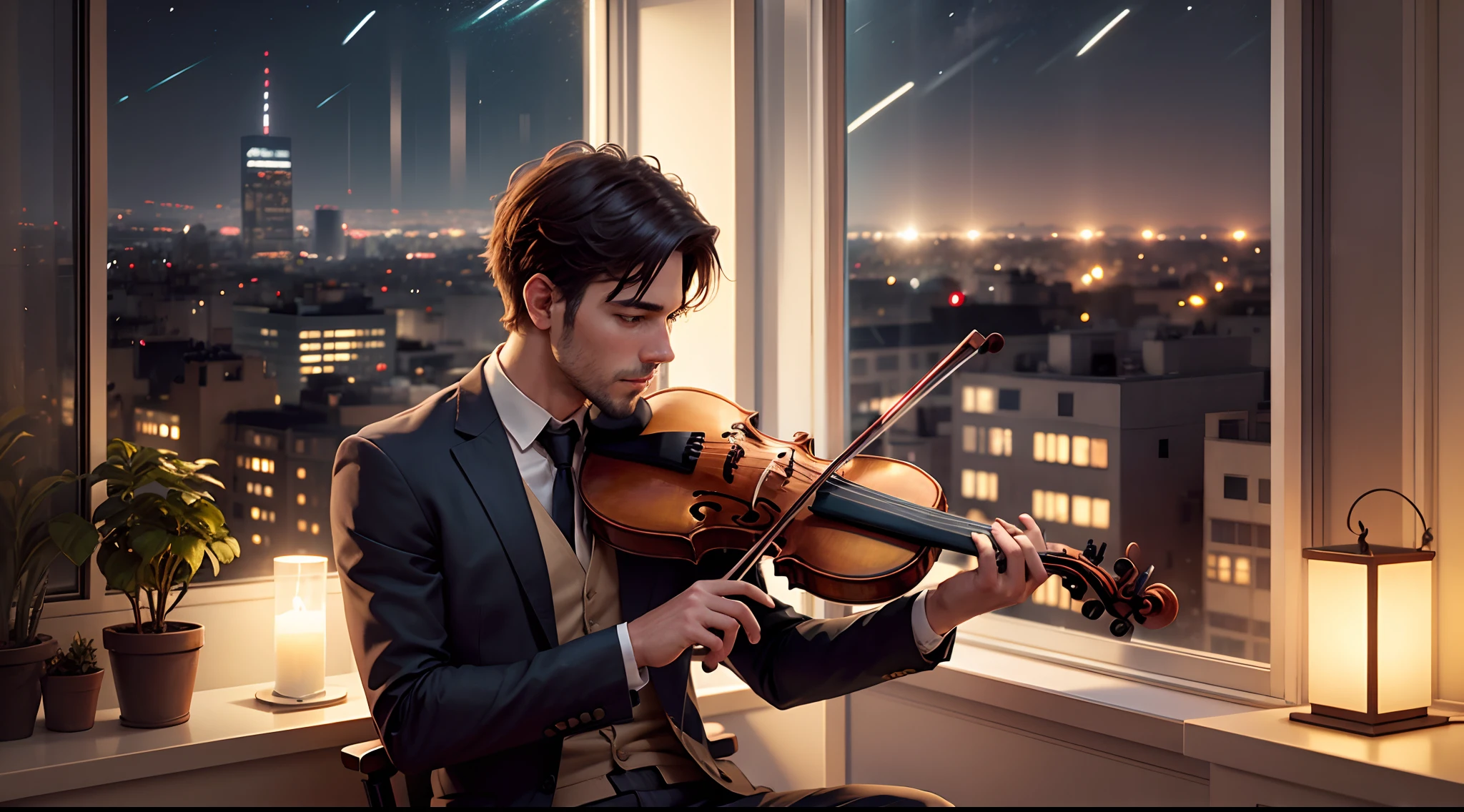 A man sitting on a chair, playing violin,in front of a big window, City outside, night