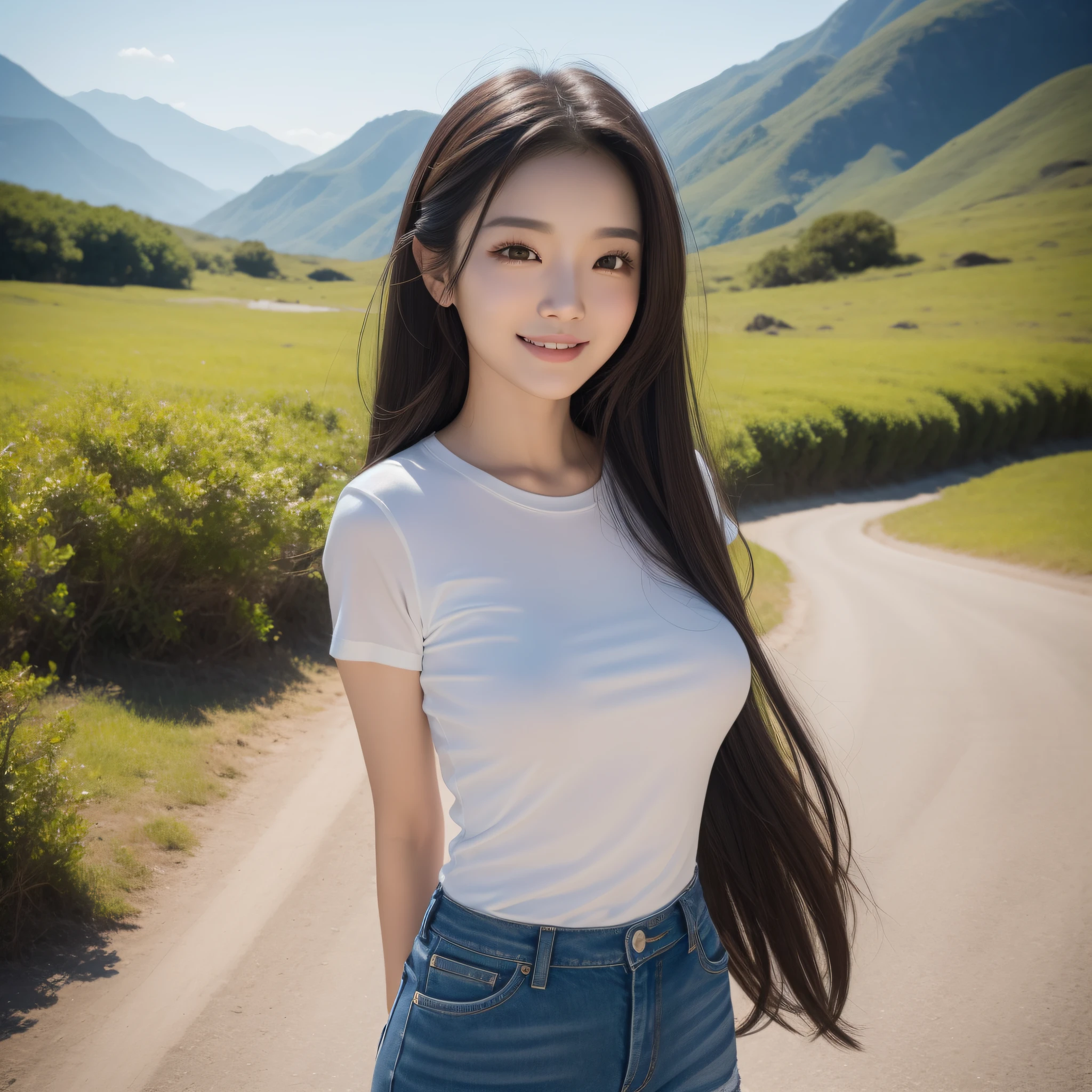 One lady、((best qualtiy、8k masterpieces:1.3))、foco nítido:1.2、(ultra beautiful faces:1.0)、(shinny skin:1.0)、photos realistic、A dark-haired、Video Lighting、High-definition eyes and face、Video Lighting、(Korean Cute Actress)、from the front side、medium breasts、Smile、Slender Abs Beauty、Whole body、wearing t-shirts、On the trail in the early morning、