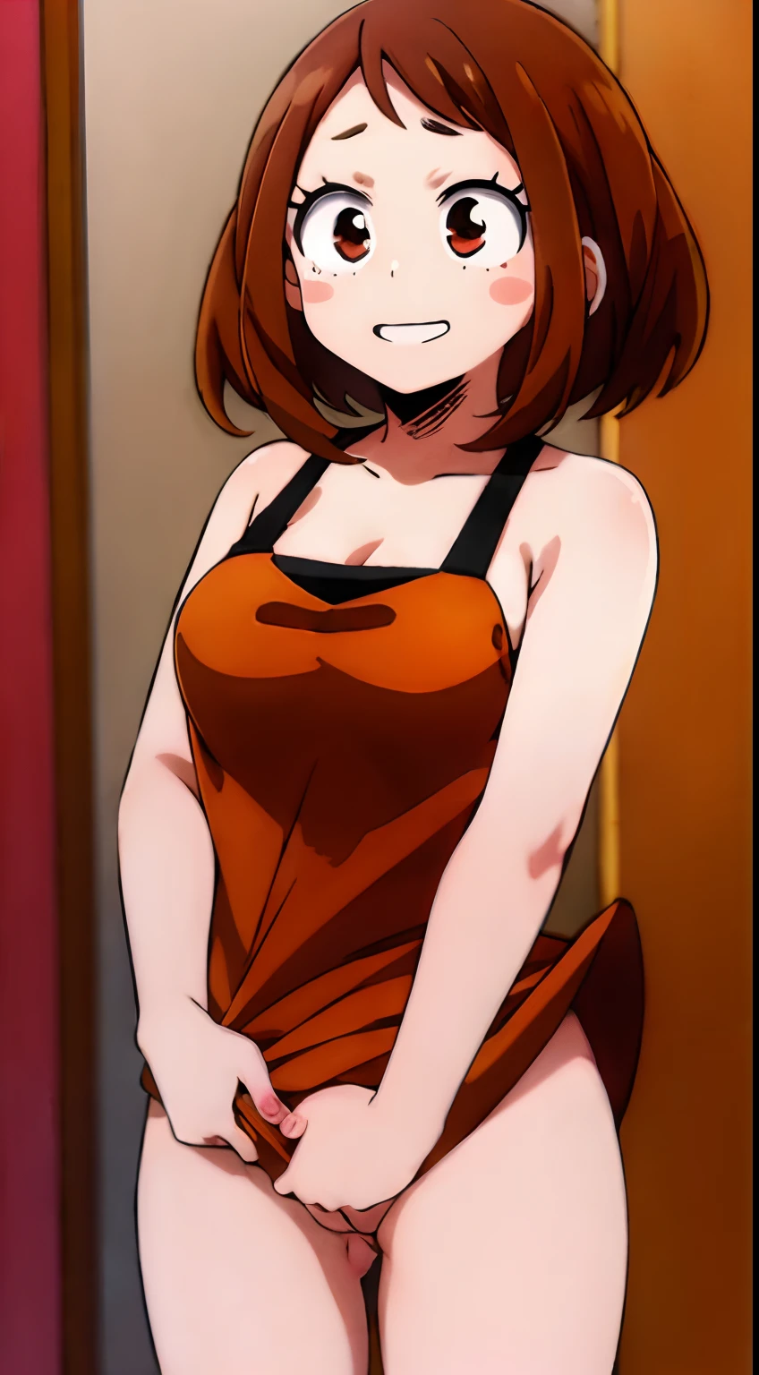 ochaco_uraraka, 1girl, solo, blush_stickers, open_mouth, looking_at_viewer, smile, blush, cowboy_shot, standing, full_body, (((flashing pussy))), big boobs, red dress, ((picnic))
