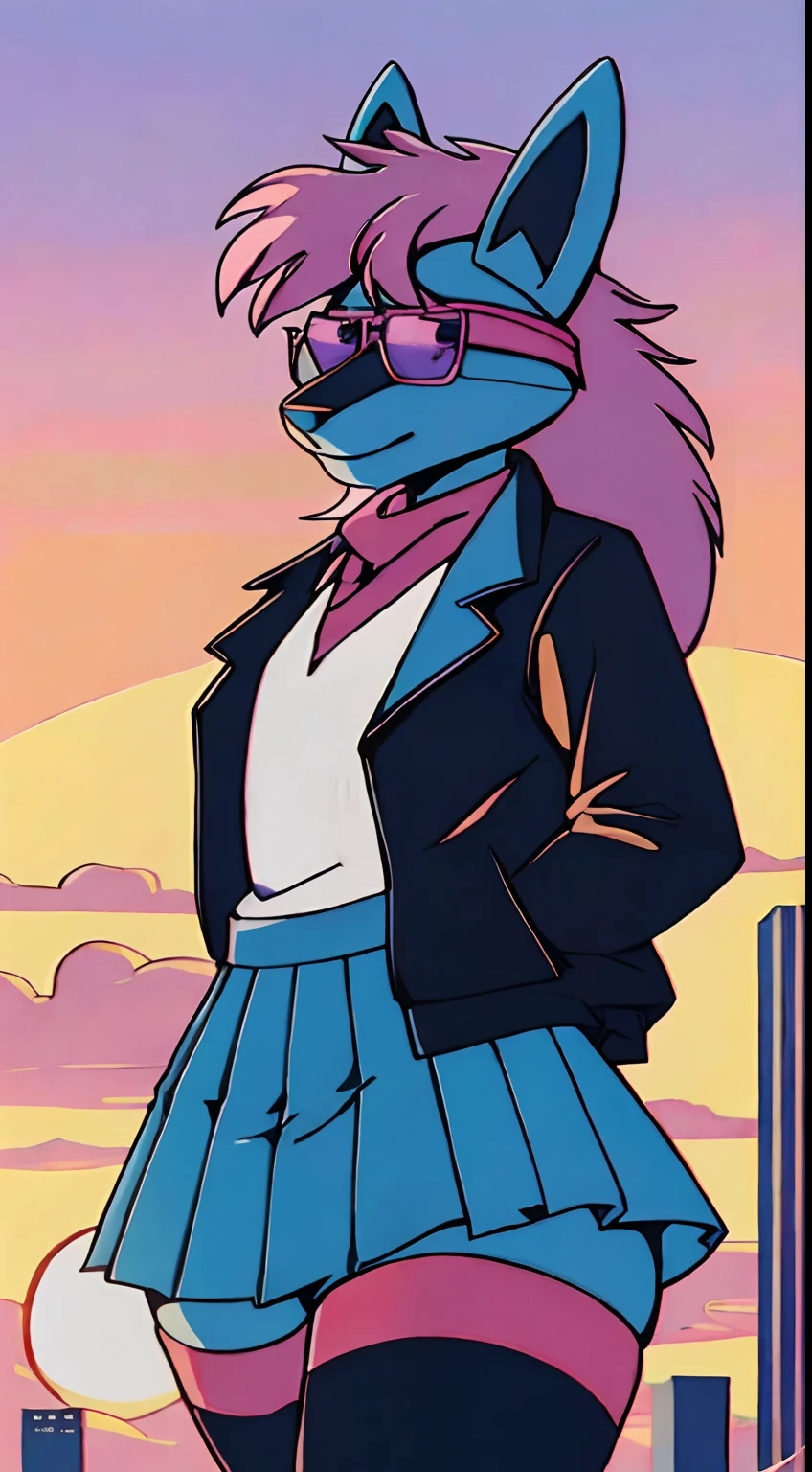 Mute pastel colors, Smooth photos, Retro soul, 1990s animation, 1980s animation, Retro soul, Retro anime style, Masterpiece, Best Quality, Lucario, furry, solo female, Lucario Pokémon, skirt, thigh high socks, crop top black jacket, Retro Lucario fanart, 1990s anime, retro animation, transgender women, sunset over city background, very detailed background, bandana, white chest spike, pink eyes, high definition eyes, very detailed eyes, chubby, small amount of pink hair on top of head with purple highlights, blue fur, cute bandana, trans flag bandana, picturesque background, 1 horizon line, thin framed rose tinted rimless glasses, thin framed gradient rose tinted glasses, perfect background, beautiful background, black jacket, black face markings, no shirt, midriff, belly button, black thigh high socks