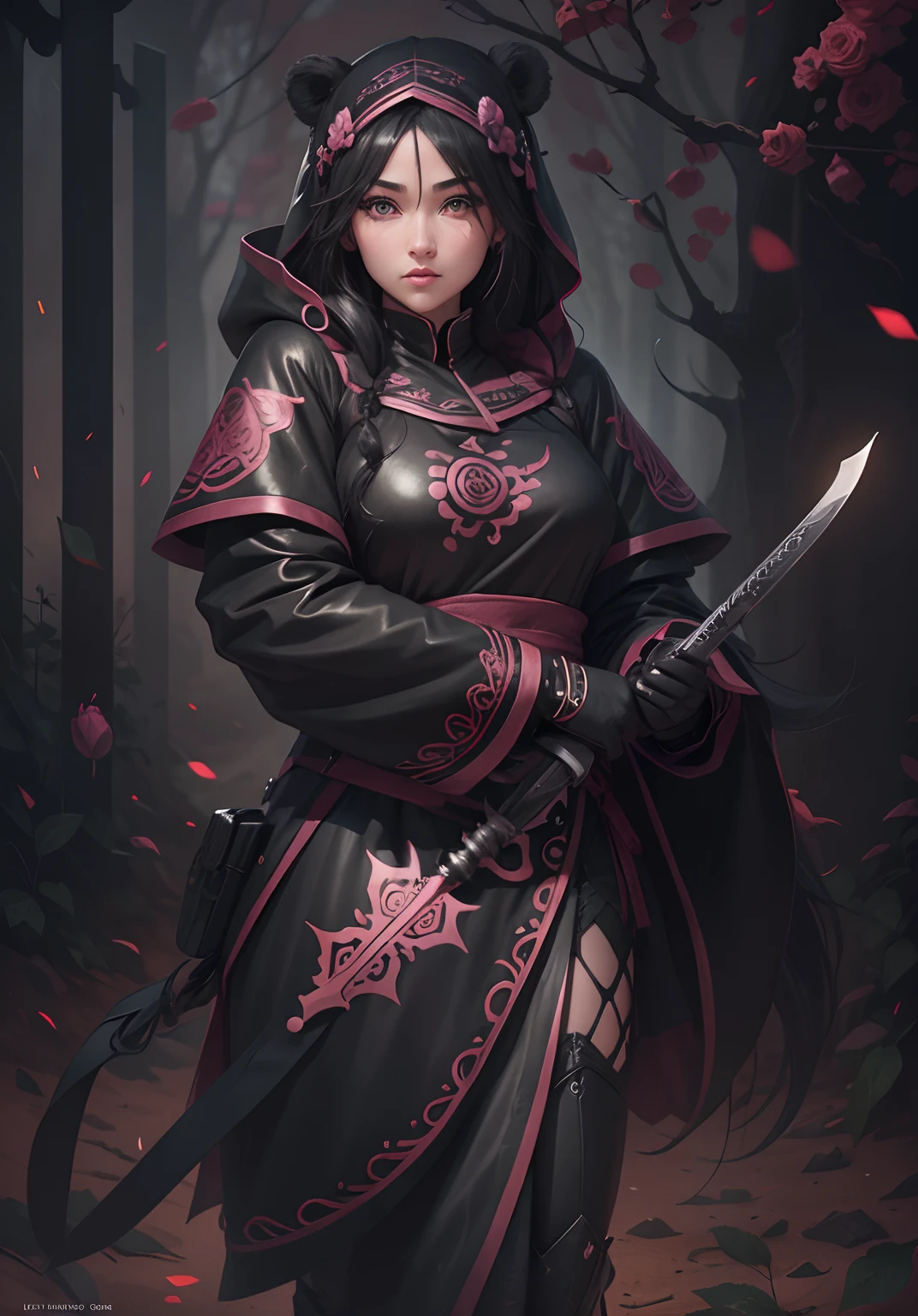 both eyes round and symmetrical, Sketch book, hand drawn, dark, gritty, realistic sketch, Rough sketch, mix of bold dark lines and loose lines, bold lines, on paper, turnaround character sheet, female panda knight, Full body, both eyes round and symmetrical, perfect eyes, both eyes iris an pupil identical size, arcane symbols, runes, flowing black hair beautiful, handsome, padded leather clothing embroidered with pink roses, modest, leather rune embroidered boots