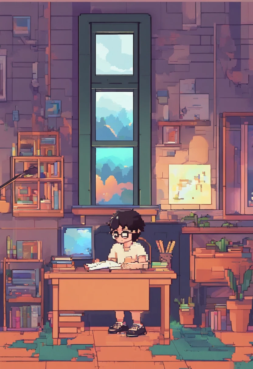Positive image,Highlight the cute little boy studying in the room, Reading a book, wears glasses , Night lights, Neon landscape on a rainy day,,, retrospective, flat, 2.5D ,line drawn, Ink drawing, Large slope, Watercolor painting, Spray color, , Awesome colorful, , synthetic wave, Lofi art,90s style,Old textures, amplitude,