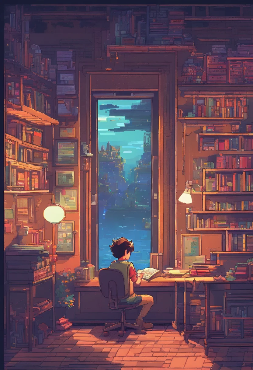 Positive image，Highlight the cute  boy studying in the room, Reading a book, wears glasses , Night lights, Neon landscape on a rainy day,,, retrospective, flat, 2.5D ,line drawn, Ink drawing, Large slope, Watercolor painting, Spray color, , Awesome colorful, , synthetic wave, Lofi art,90s style,Old textures, amplitude,