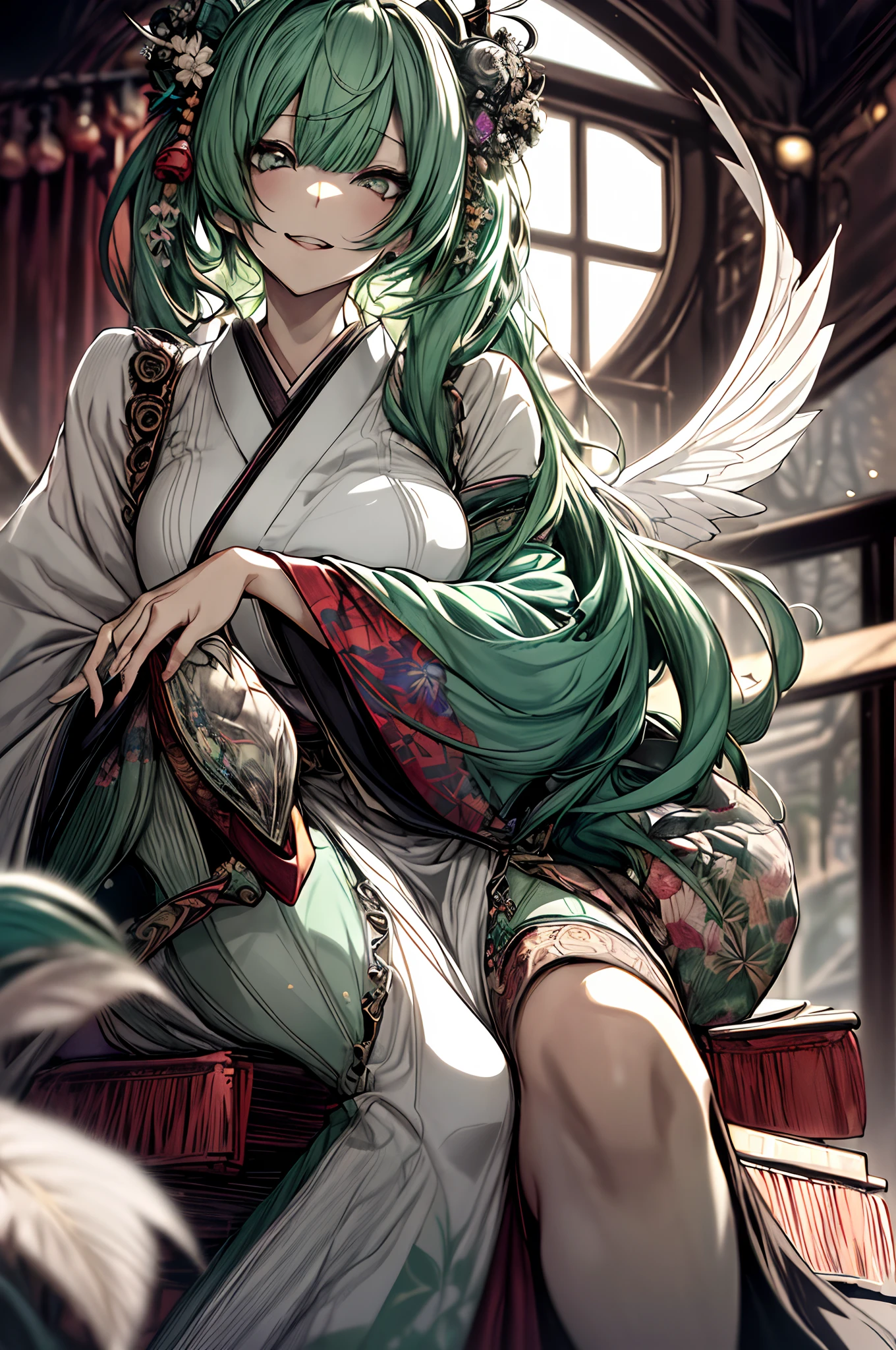 Full body、Japanese dress、Kimono Dresses、long、miku hatsune、Green hair、Twin-tailed、Ahegao ( Silly / Sexual ecstasy)、Cross-eyed、Stranger、View other people、Blunt bangs、 over-kneehighs,Ahegao , Silly,Sexual ecstasy,Drunken eyes,Blunt bangs, Green hair,(masutepiece:1.2, Best Quality), (finely detailed beautiful eye: 1.2), (Detailed background,Dark Fantasy), (beautifull detailed face), High contrast, (Best Illumination, extremely delicate and beautiful), ((Cinematic Light)), Colorful, Hyper Detail, Dramatic light, Intricate details,