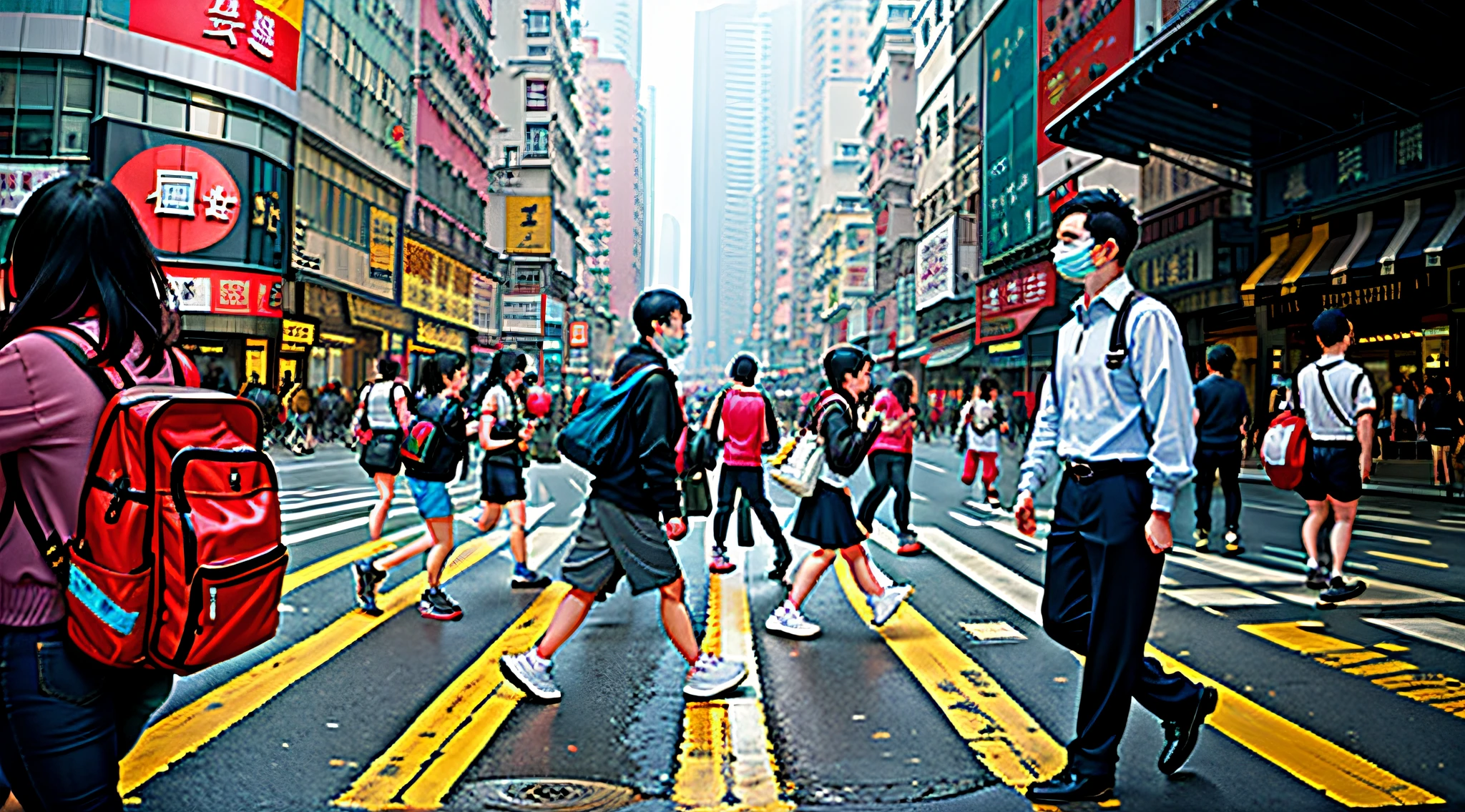 people walking across a crosswalk in a busy city street, people walking on street, people walking in street, people walking down a street, streets of hong kong, busy streets filled with people, busy streets, travelers walking the streets, street of hong kong, busy street, people on the streets, people in the streets, people are wearing masks, crowded street