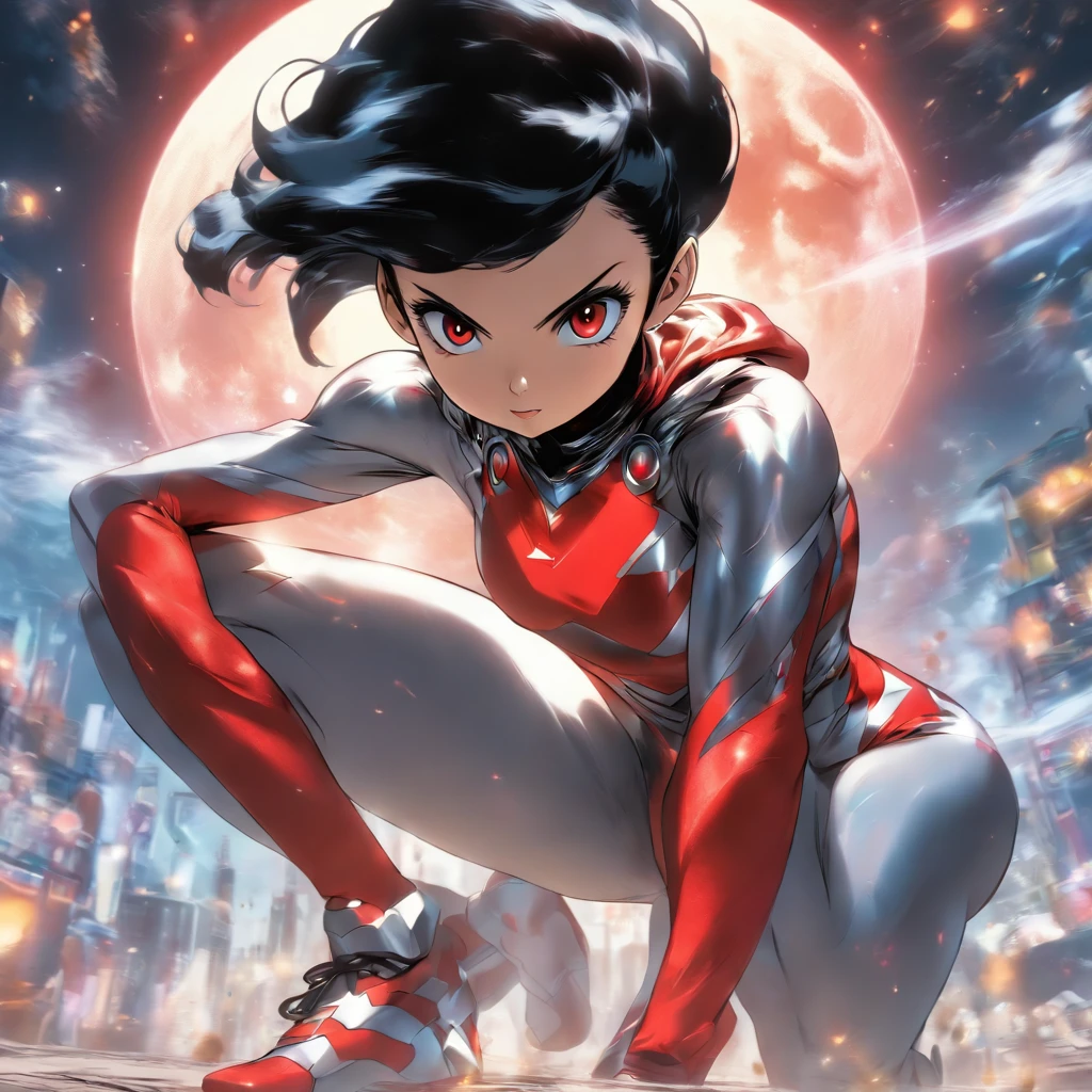 comics. Full body shot. Large full moon in background. Beautiful girl with short black hair wearing a silver and red Ultraman hoodie on bare skin, squatting with legs open, large breasts open.