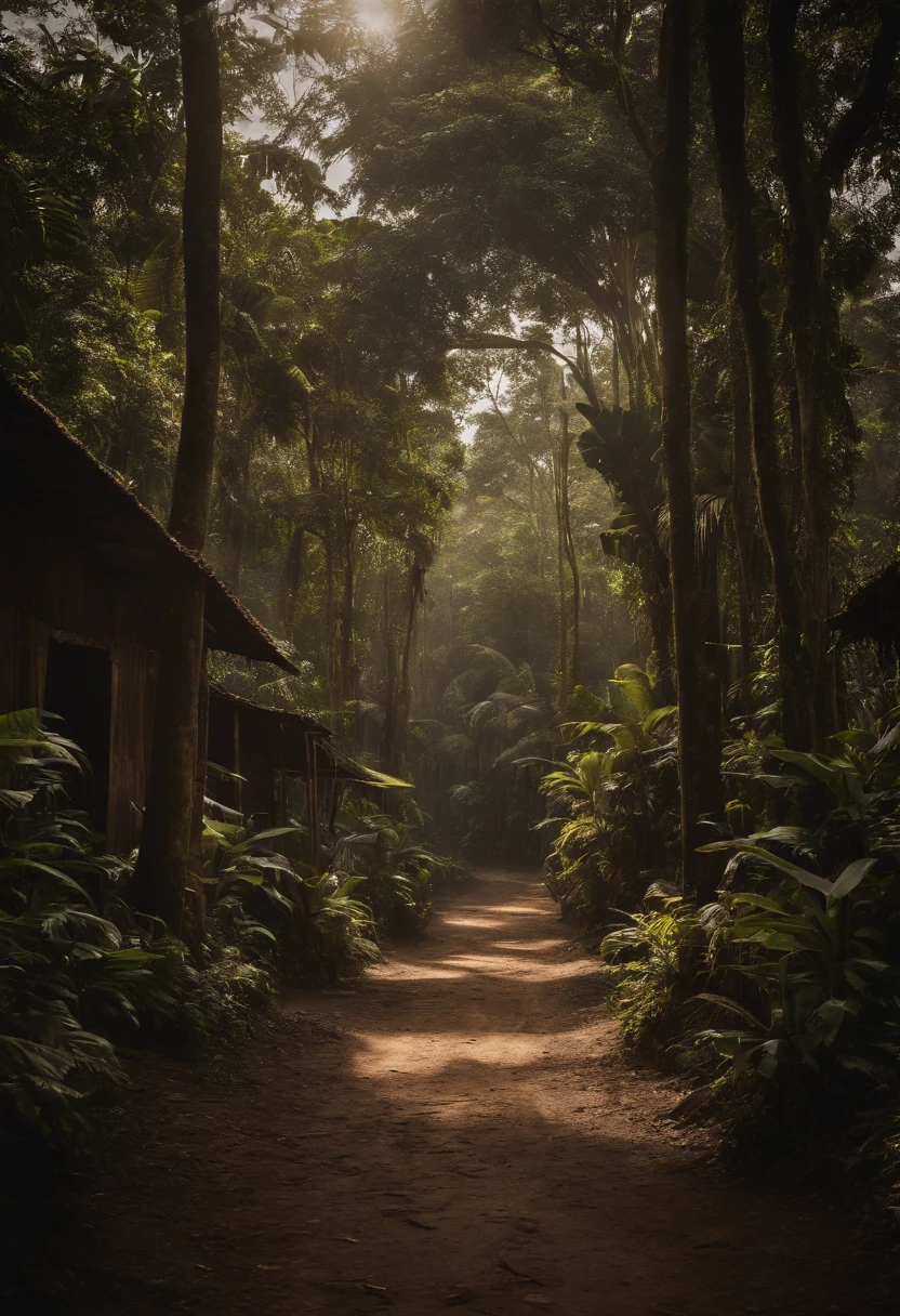 a village of Brazilian caboclos, in the interior of the Amazon, surrounded by a lush forest of very tall, leafy trees