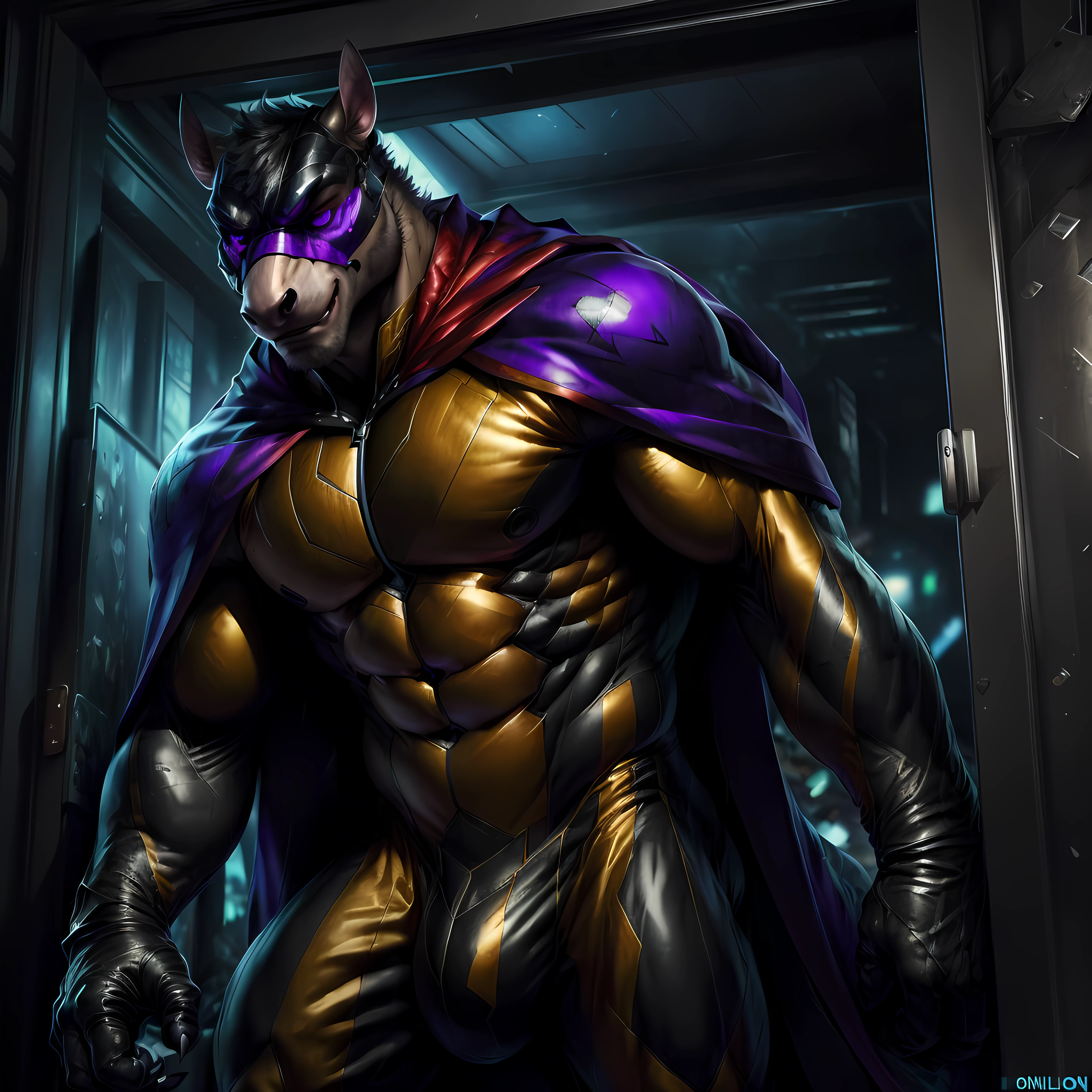2d, masterpiece, best quality, 4k, 8k, ultra highres, raw photo in hdr, sharp focus, photo realism ,real life like, in a night city, detailed background, solo, (gloves, mask, skin tight suit outft), sweat, (by null-ghost, by thebigslick, by darkgem, by honovy), horse anthro, male focus, perfect purple eyes, full body, cape, Full View, Villain, Bad Guy, Evil, smirk, crazy, claws, large bulge, crazy eyes, Breaking down door, broken room, sexy tease, action pose,