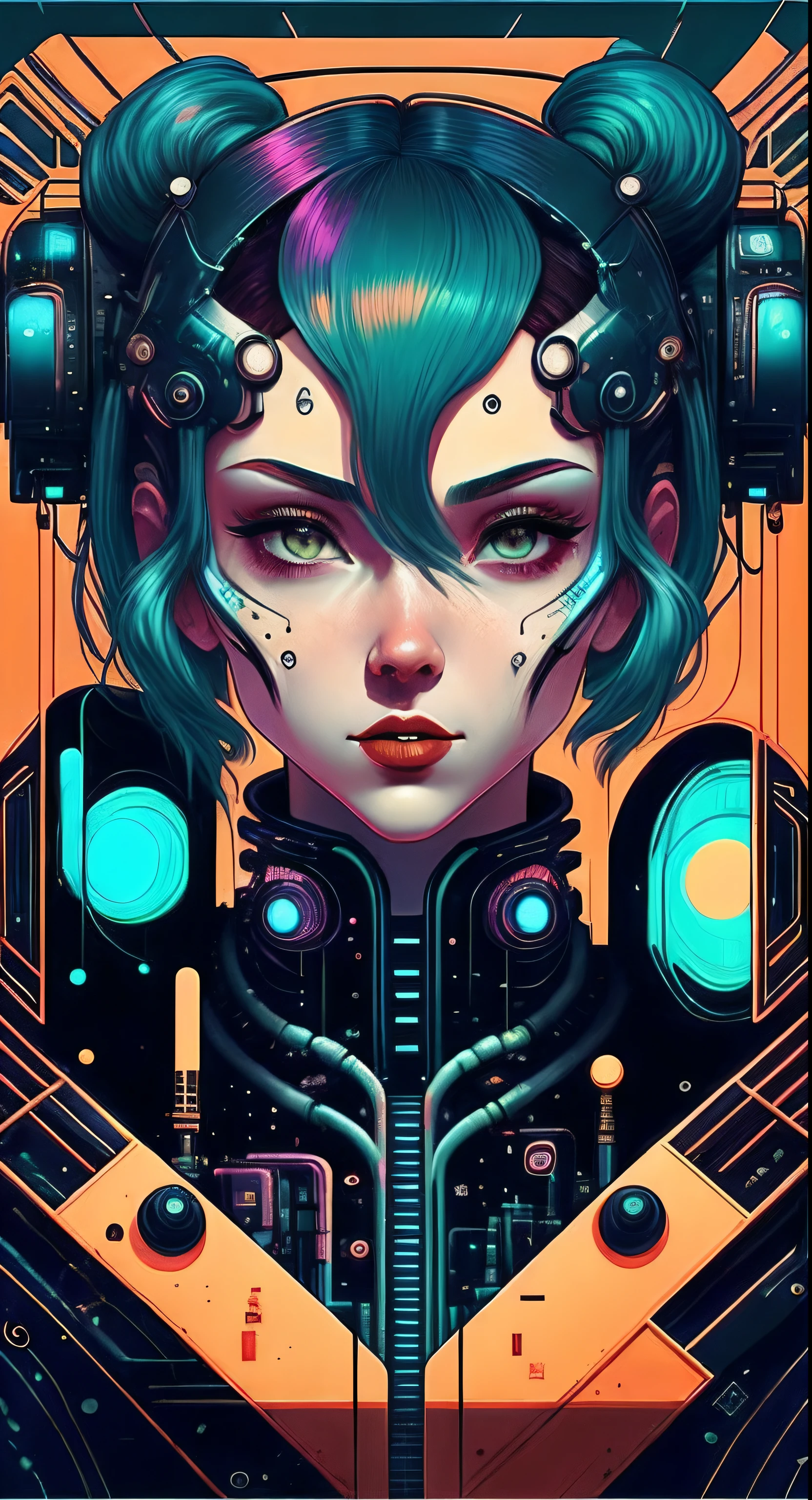 (masutepiece, 4K, ultra-detailliert, Raw photo: 1.2), Illustration, (1womanl:1), (single background: 1.4), (symmetry: 1.2), (Art deco:1.4), (retro-futuristic:1.4), (minimalism:1.4), (clean:1.4), (Flat_Color:1.4), (Cyberpunk:1.4), CCDDA Art Still、Music、Bust-up images