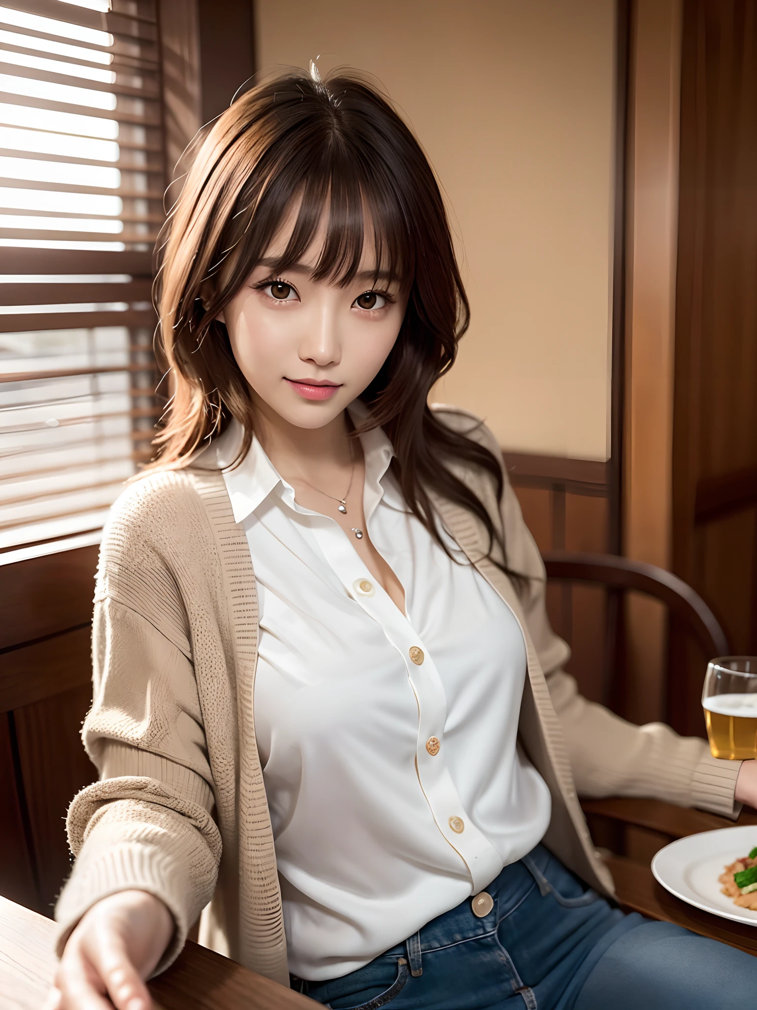 product quality, 1 girl, an upper body shot, front view, a Japanese young pretty girl, long bob hair, wearing a marriage ring, sitting with a big smile on a chair in front of a table in a luxury restaurant, sunset, a lot of dishes on the table, beer on the table, wearing a long length light yellow cardigan over a satin silk white shirt with collared, wearing light brown long jeans, hyper cute face, glossy lips, double eyelids for both eyes, natural makeup, shiny smooth light brown hair of long bob hair, asymmetrical bangs, tanned skin, high resolution, high detail, detailed hairstyle, detailed face, cinematic lighting, octane rendering, hyper realistic, perfect limbs, perfect anatomy