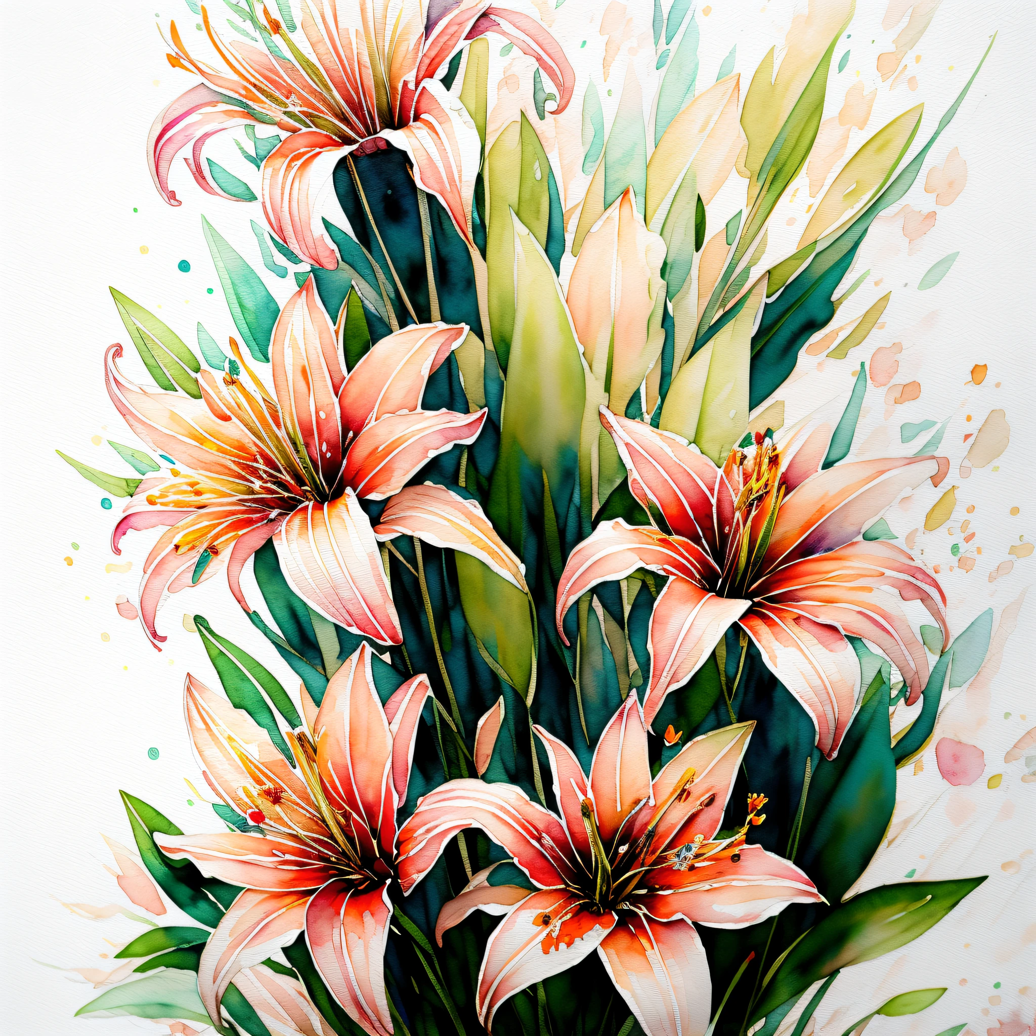 wtrcolor style, digital art of (lilies), official art, blown by the wind, masterpiece, beautiful, ((watercolor)), paint splatter, intricate details. Great detail, [dripping:0.5], trending on Artstation, Rachel Walker