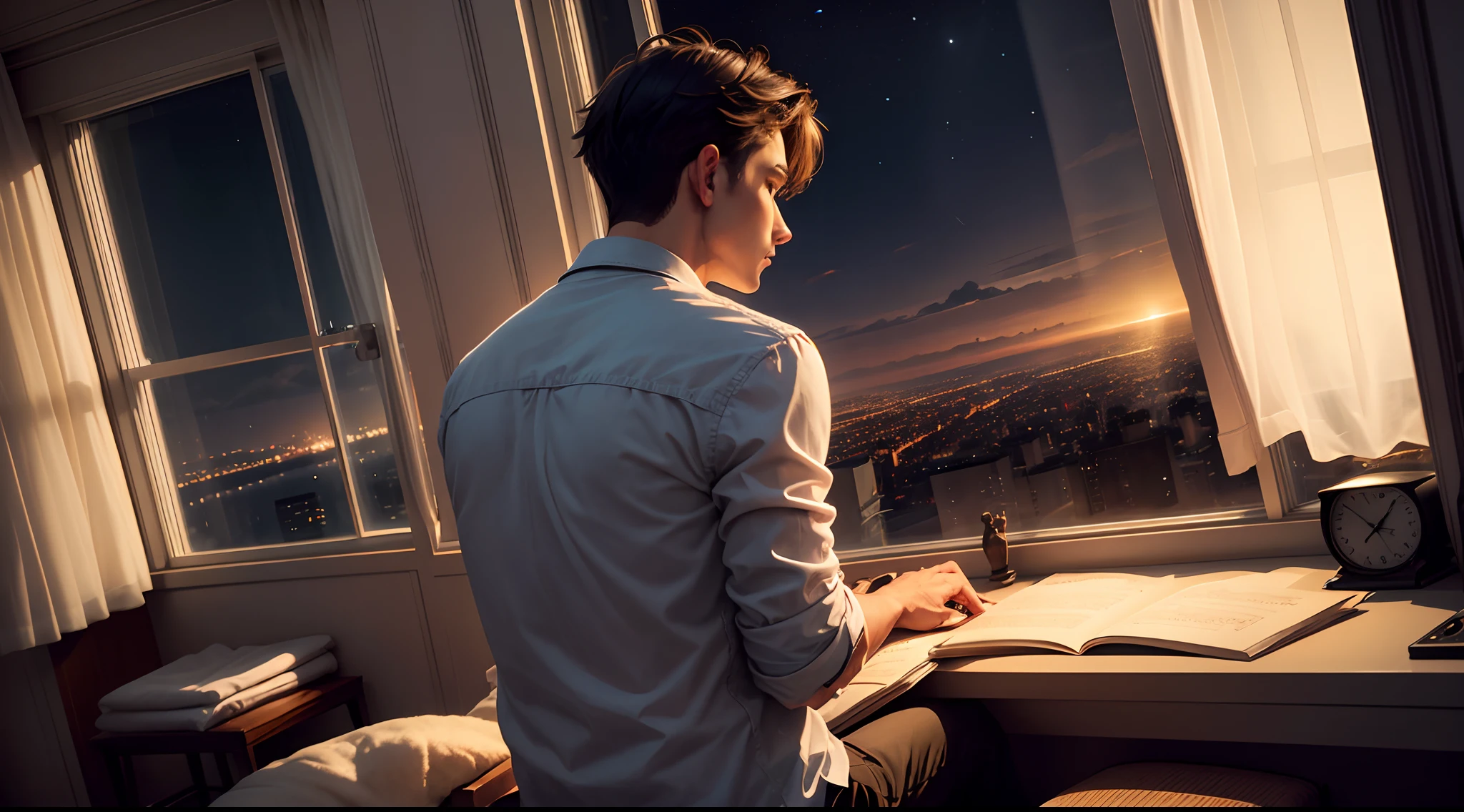 A man sitting on a chair, playing piano,in front of a big window, facing the window,City outside, night, from the back