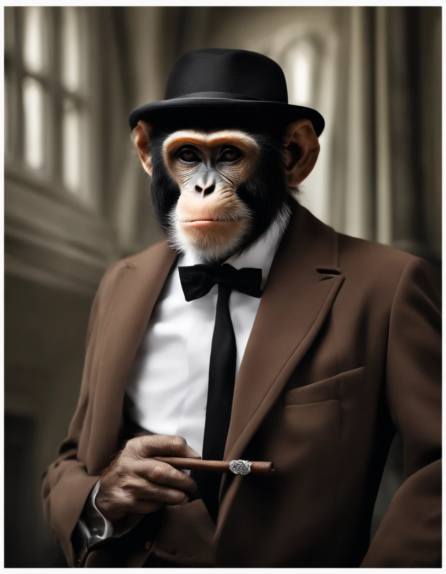 ((Calidad de primer nivel)), ((obra)), ((Fiel a la vida)),
Asunto: Hyper-realistic photograph of an elegant monkey smoking a cigar
Average: Photography
Resolution: 4K
Alerta positiva: Crear un ((Calidad de primer nivel)), ((obra)), ((Fiel a la vida)) Photograph that captures the essence of a monkey in a black tuxedo suit and sunglasses, Smoking a lit cigar with an air of sophistication. The overalls should be placed upright, exudando confianza y estilo. The composition should focus on the face and upper body of the monkey., Con el cigarro encendido sostenido casualmente en una mano hasta su boca. Captura trozos de humo alrededor de la cabeza del mono, Increase the atmosphere.
Make sure the image is perfectly clear and detailed, mostrando los finos pelos y arrugas en el cuerpo y la cara del mono. Pay close attention to the details of the tuxedo suit, Adaptarlo para que se ajuste al marco del mono de manera realista. White dress shirt and bow tie should be crisp and organized., enfatizando la apariencia del mono.
Las gafas de sol semirreflectantes estilo aviador deben proteger oscuramente los ojos del mono, Increase the enigmatic aura. Resalta el extremo encendido del cigarro, making it shine brightly and projecting subtle reflections on the monkey's surroundings. The fine smoke swirling around the monkey's hand and head area should be portrayed realistically.., contributing to the overall atmosphere.
Incorporates an incredibly high level of realism when portraying skin textures, Mechones de cabello, Brasas de cigarros, y humo, como si fotografiara un mono de la vida real. 4K resolution should capture all the intricate details, permitiendo al espectador apreciar los finos matices de la escena.