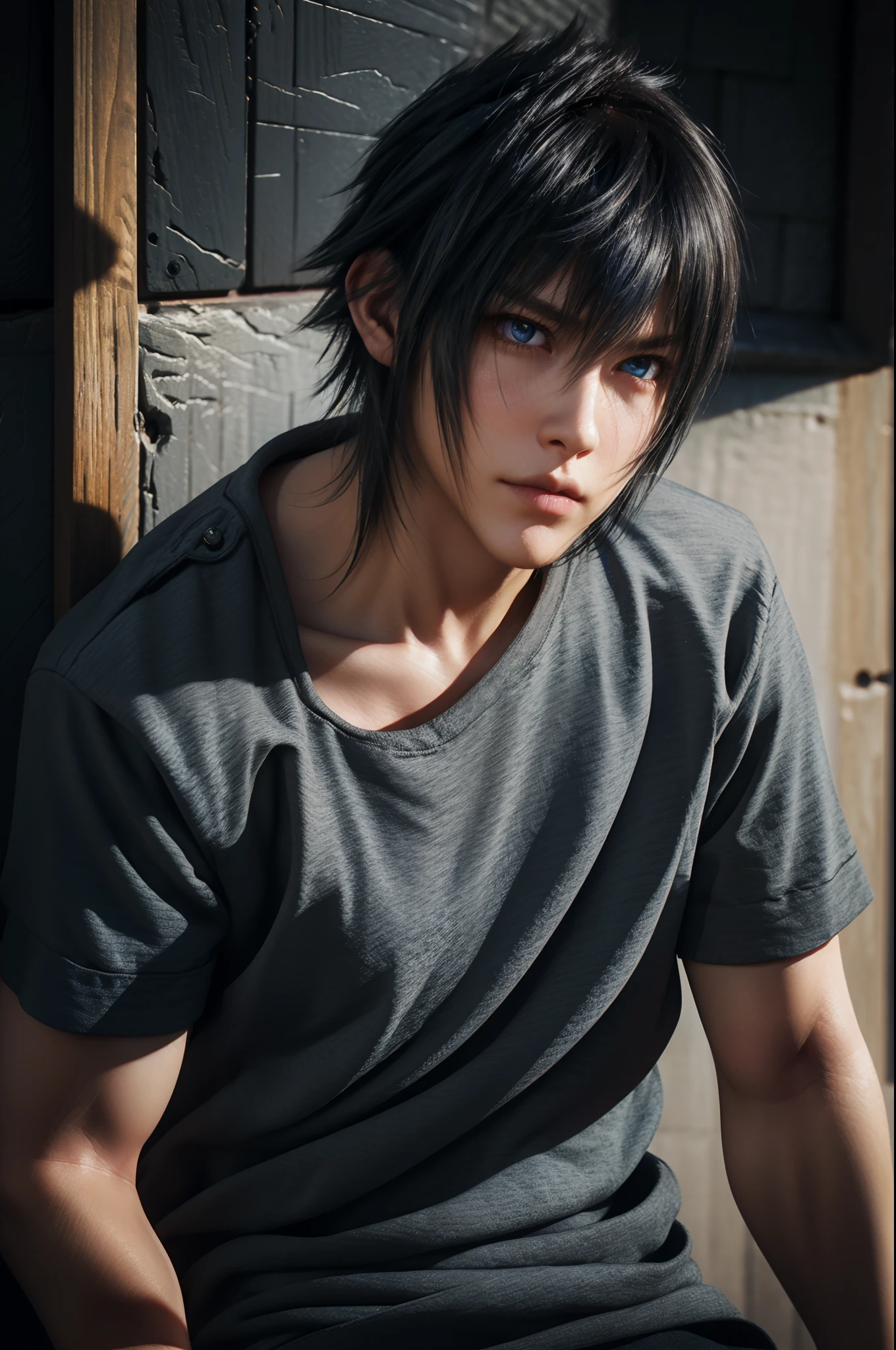 （absurderes，A high resolution，ultra - detailed，realisticlying，），1 male，独奏，mature，Tall muscular man，broad shoulder，Handsome，Very short hair，brunette color hair，with blue eye，Angular chin，Thick neck，thick eyebrow，The upper part of the body,Noctis