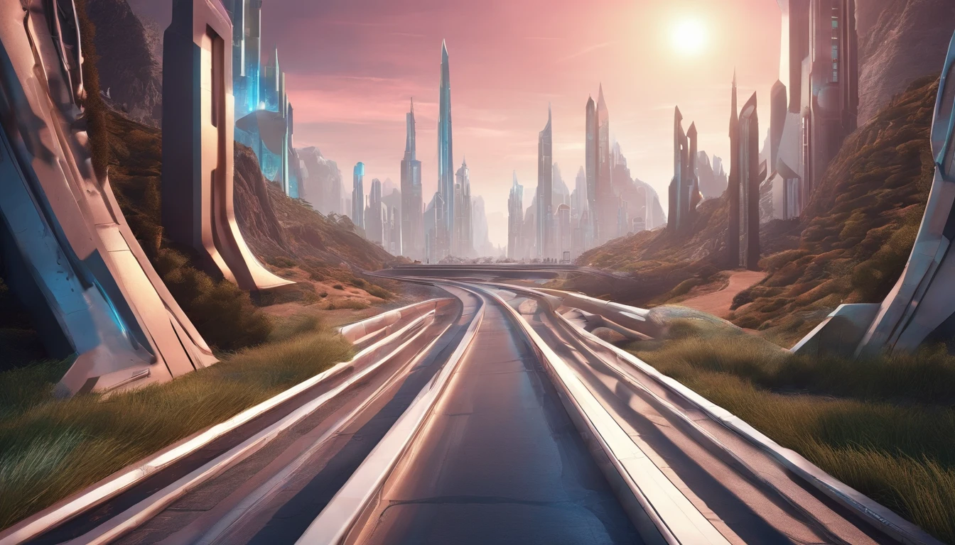 Abstract 3d rendering of empty futuristic road,There is light in the sky.,There are buildings in the distance,Science fiction concept.