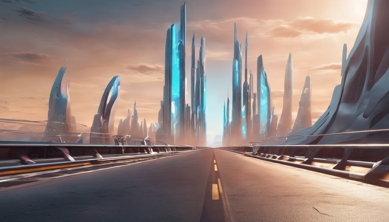 Abstract 3d rendering of empty futuristic road,There is light in the sky.,There are buildings in the distance,Science fiction concept.