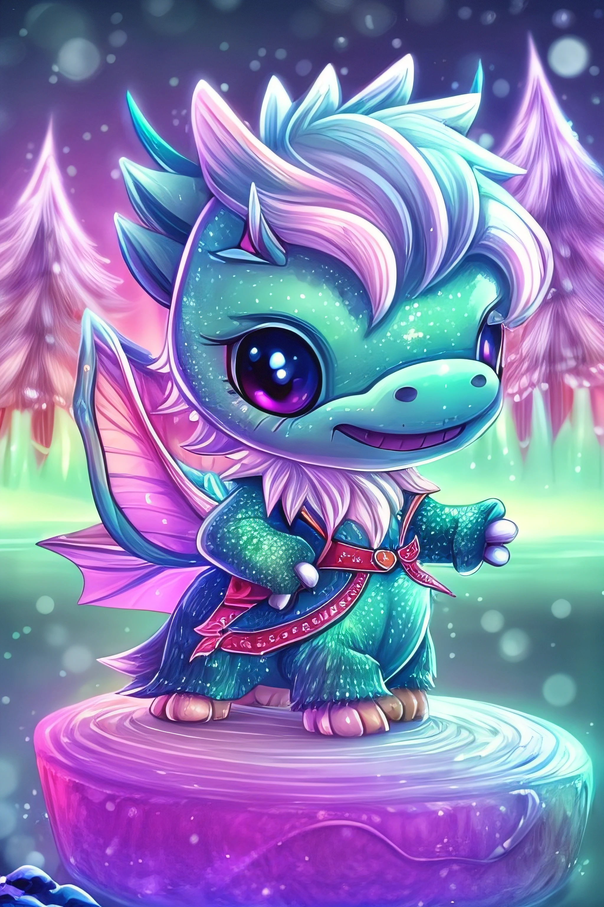 cute chibi ice dragon ice-skating on Nordic pond, night, aurora borealis, detailed, high quality, high resolution, 8k, high saturation