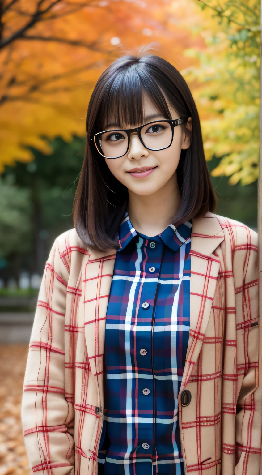（wears glasses）、a park、Reading、Colored leaves、autumnal、absolutely outstanding image, very extremely beautiful、​masterpiece, top-quality,a picture, kawaii、(Colossal tits:1.2)、,8K,Japan girl realistic young idol、Young cute gravure idol、Young Sensual Gravure Idol、Young gravure idols、model in Japan