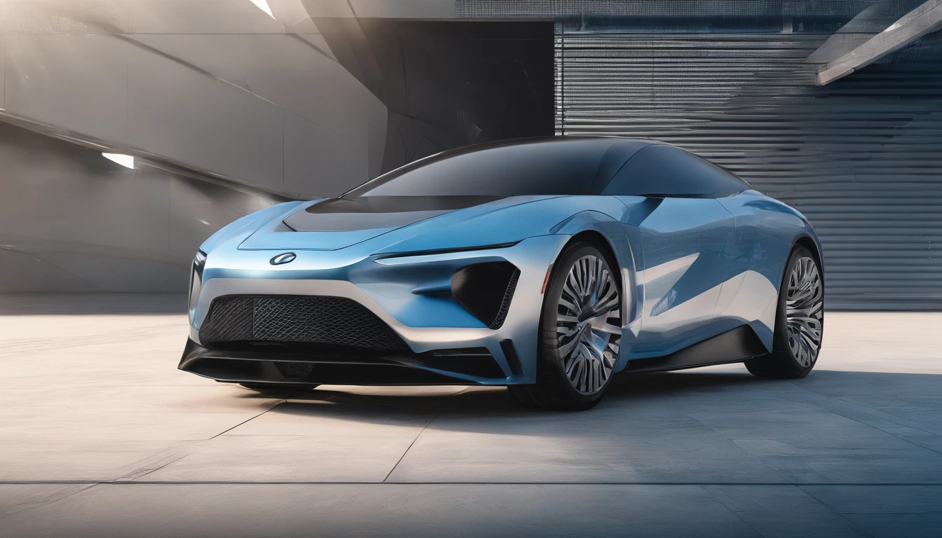 Background image of automotive product rendering,Empty field,In the distance is a futuristic technological building with a sense of lines,Ground accounts for three-quarters,Blue skies and white clouds occupy a quarter of the picture,There is light in the sky,Realistic photos with AI technology,Light style