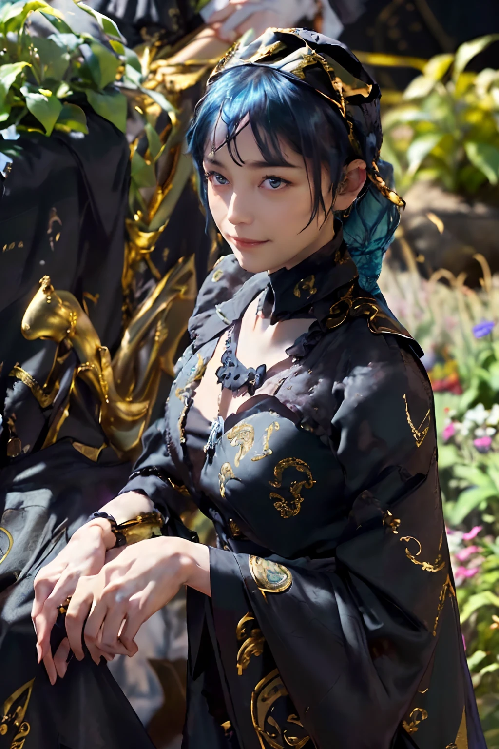 ((top-quality、8K、masterpiece、Photorealistic:1.4、fine-textured、Beautiful and detailed)), (gold foil, Intricately drawn paisley pattern, Delicate workmanship, (Black Fabric:1.4), maid dress:1.5), (a pixie cut, Beautiful hairstyle, lightbluehair:1.5)、Clear, Fine-grained skin、Beautiful clear eyes、(cleavage of the breast)、Carefree and natural smile、(Hair disheveled in the wind:1.3)、Beautiful girl with a smile、(In the garden:1.4)、Bright sunlight 、(thin-waist:1.3)、(Dynamic and provocative poses:1.2)、(Backshots)