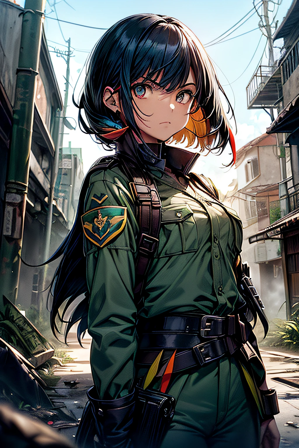 (Estilo Anime dos Anos 80), (Mysterious and dystopian environment), (personagem garota), (tema de Cultura Tucana), (emphasis on toucan accessories), (Prominent position, facing the camera with dynamic angle), (use of dynamic camera), (military school uniform of the country inspired by the Tucana Culture), (scenario in a dystopian country based on the culture of the Brazilian toucans of Tocantins), (paleta de cores escuras e sombrias), (Very high resolution image), (smooth rendering), (cabelo curto), (destaque para uma boina militar preta com grande faixa roxa), (angry facial expression), (Right arm with blue belt and college symbol).