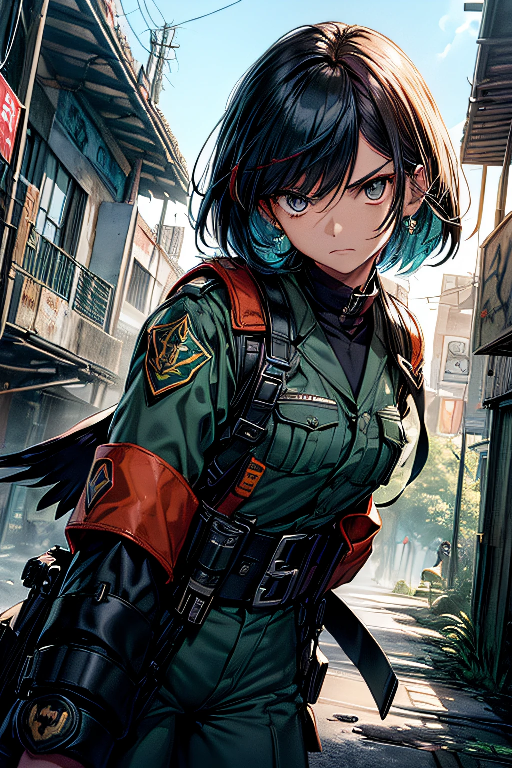 (Estilo Anime dos Anos 80), (Mysterious and dystopian environment), (personagem garota), (tema de Cultura Tucana), (emphasis on toucan accessories), (Prominent position, facing the camera with dynamic angle), (use of dynamic camera), (military school uniform of the country inspired by the Tucana Culture), (scenario in a dystopian country based on the culture of the Brazilian toucans of Tocantins), (paleta de cores escuras e sombrias), (Very high resolution image), (smooth rendering), (cabelo curto), (destaque para uma boina militar preta com grande faixa roxa), (angry facial expression), (Right arm with blue belt and college symbol).
