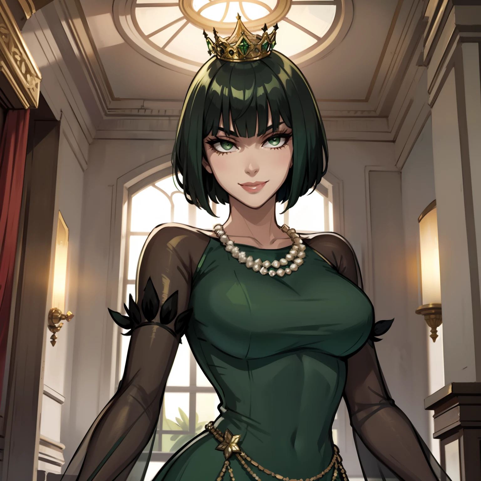female with green fringe style bob haircut, wearing fancy gilded princess gown, wearing pearl necklaces, dominant pose, seductive smile, alone, solo, alone, (SOLO)(ALONE), wearing princess crown