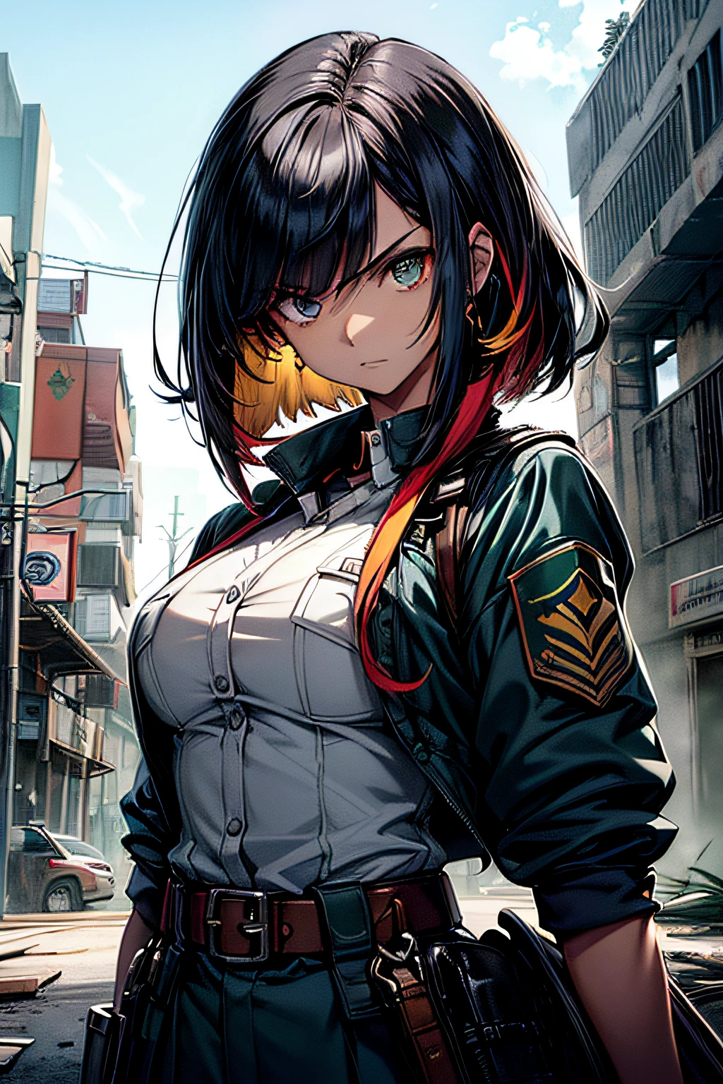 (Estilo Anime dos Anos 80), (Mysterious and dystopian environment), (personagem garota), (tema de Cultura Tucana), (emphasis on toucan accessories), (Prominent position, facing the camera with dynamic angle), (use of dynamic camera), (military school uniform of the country inspired by the Tucana Culture), (scenario in a dystopian country based on the culture of the Brazilian toucans of Tocantins), (paleta de cores escuras e sombrias), (Very high resolution image), (smooth rendering), (cabelo curto), (destaque para uma boina militar preta com grande faixa roxa), (angry facial expression), (Right arm with blue belt and college symbol).