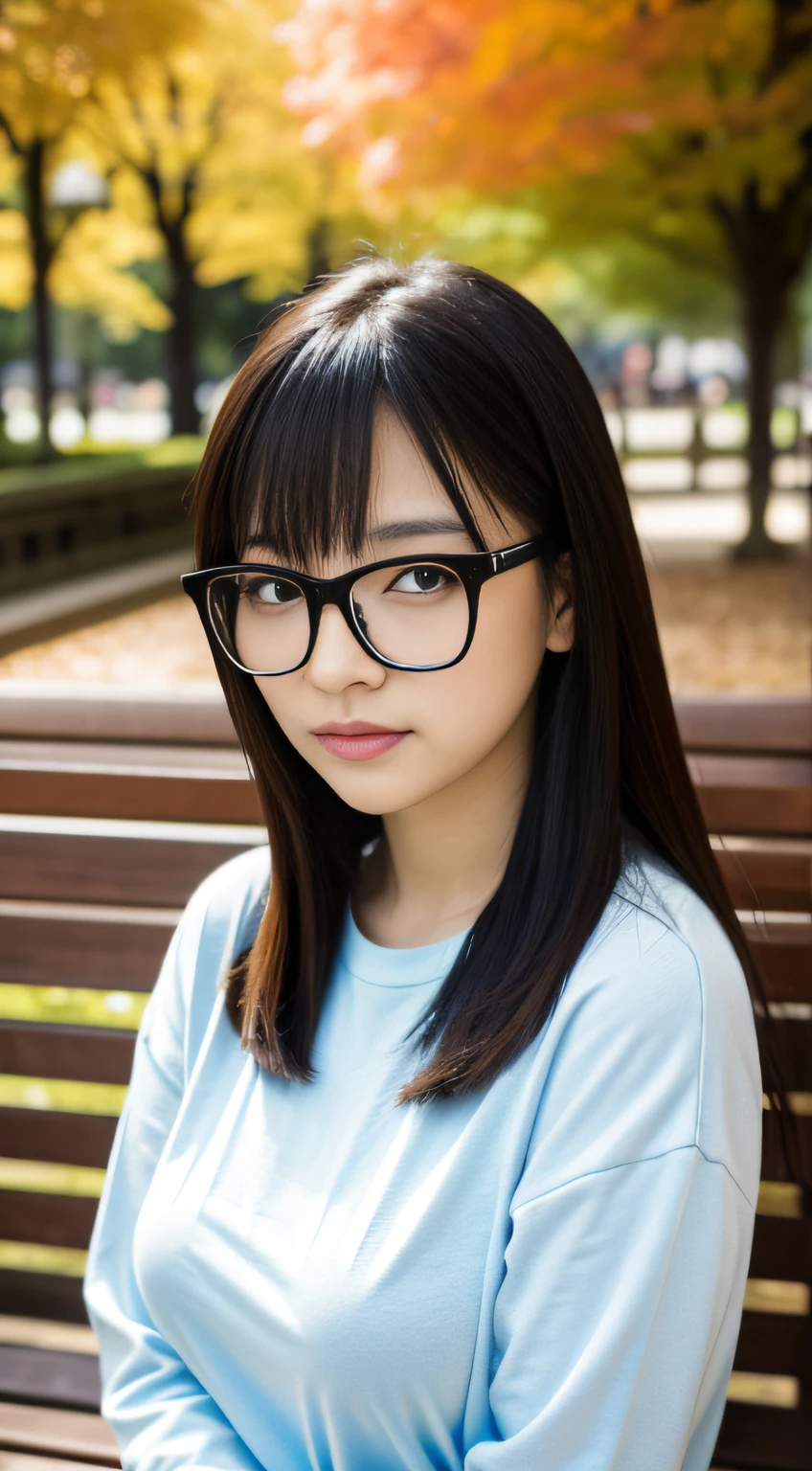 （wears glasses）、a park、Reading、Colored leaves、autumnal、sit on a bench、absolutely outstanding image, very extremely beautiful、​masterpiece, top-quality,a picture, kawaii、(Colossal tits:1.2)、,8K,Japan girl realistic young idol、Young cute gravure idol、Young Sensual Gravure Idol、Young gravure idols、model in Japan
