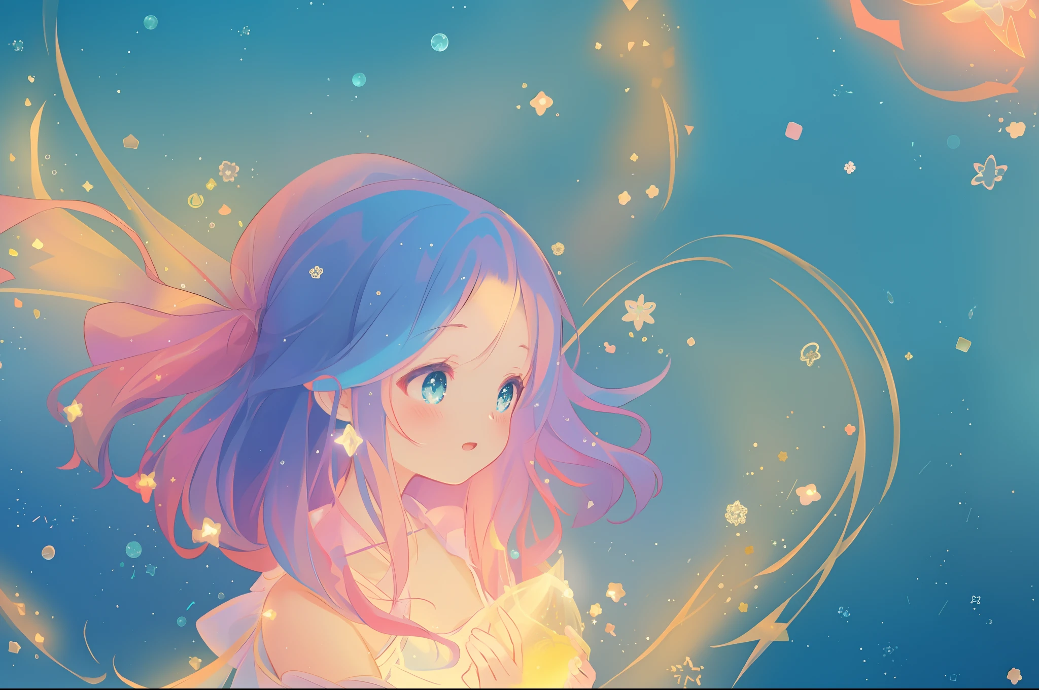anime, princess flowing gown, glowing ethereal hair, anime girl with cosmic hair, beautiful young wind spirit, beautiful anime art style, beautiful digital illustration, inspired by Glen Keane, inspired by Lois van Baarle, disney art style, glowing aura around her, jen bartel, glowing lights, (masterpiece, best quality), sharp focus, 8k resolution, intricate detail, highly detailed, swirling lines of light, magical lights, whimsical, magical, fantasia background, pastel colors, beautiful girl, golden ratio, perfection, beautiful face, sparkling detailed eyes