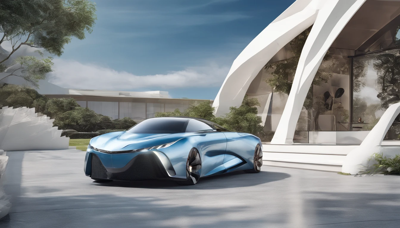 Background image of automotive industry product rendering,Empty field,In the distance is a futuristic technological building with a sense of lines,Ground accounts for three-quarters,Blue skies and white clouds occupy a quarter of the picture,There is light in the sky,Realistic photos with AI technology,Light style