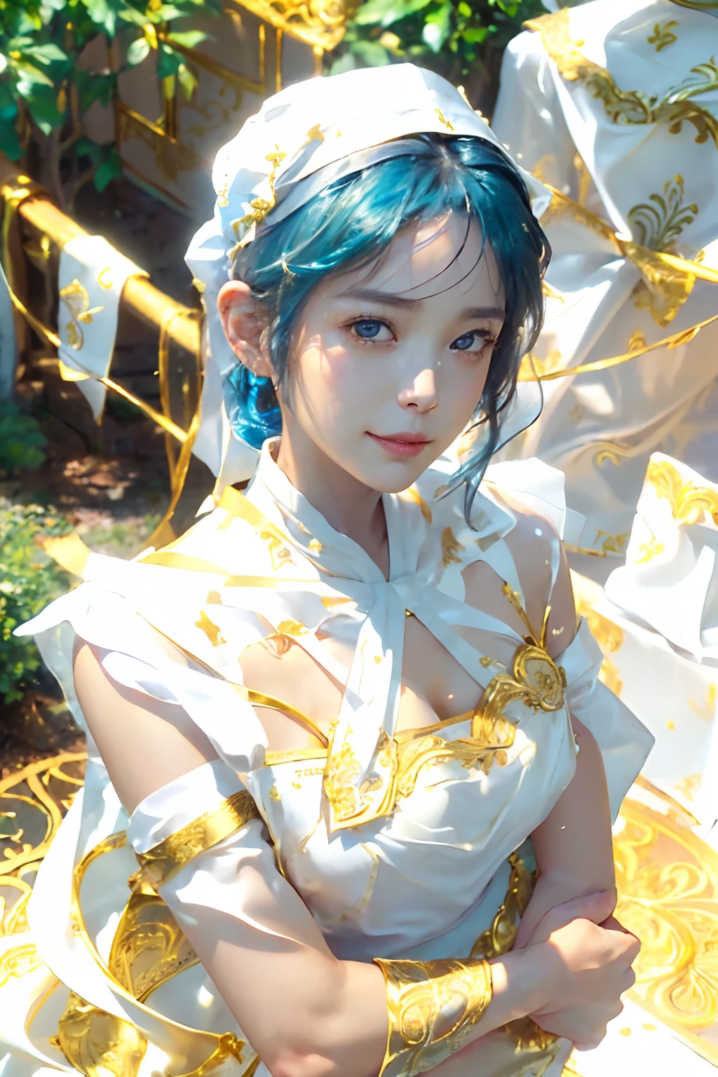 ((top-quality、8K、masterpiece、Photorealistic:1.4、fine-textured、Beautiful and detailed)), (gold foil, Intricately drawn paisley pattern, Delicate workmanship, (White cloth:1.4), maid dress:1.5), (Medium Hair, Beautiful hairstyle, lightbluehair:1.5)、Clear, Fine-grained skin、Beautiful clear eyes、(cleavage of the breast)、Carefree and natural smile、(Hair disheveled in the wind:1.3)、Beautiful girl with a smile、In the garden:1.4、Bright sunlight(thin-waist:1.3)、(Dynamic and provocative poses:1.2)、(Backshots)