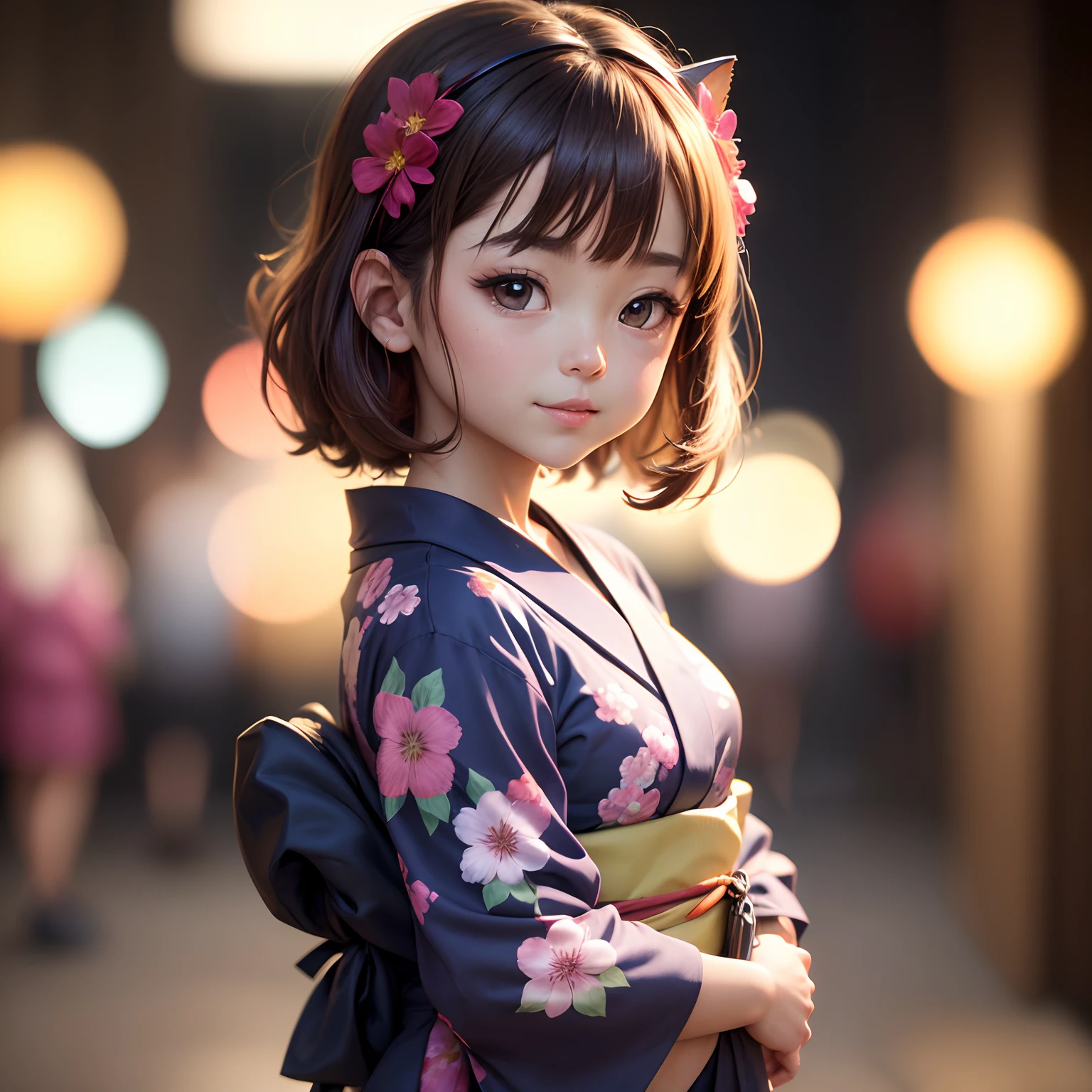 high-level image quality、masterpiece、8K、1little girl、A half body、Yukata、Festival of the Japan、food stand、Shot、Girl Shooting、lovely、innocent、Fireworks set off in the background、natta、Flushed face、Sweaty、sun burn