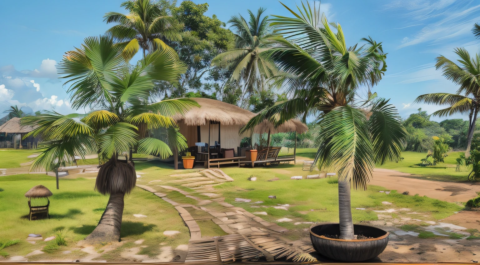 There is a small hut with a thatched roof and a palm tree, tropical location, cabanas de bambu, jungle setting, tropical backdrop, Cabanas de tribo na selva, tree palms in background, the palms come from the ground, Tiro de longe, From a distance, Coqueiros, Coqueiros, ambiente tranquilo, restaurante em segundo plano, em um ambiente de selva