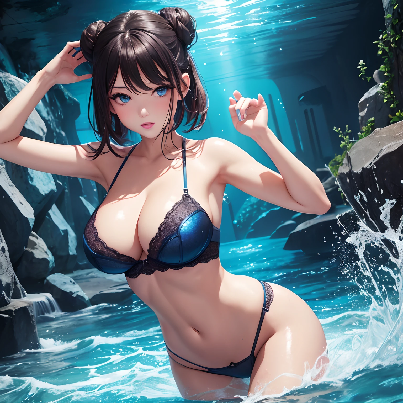 solo, finest image, woman, girl, sexy, beautiful, cute, amorous expression, lewd expression, ecstasy, orgasm, glossy braided bangs short single bun hair, blue sparkling big eyes, red alluring moist lips, huge breasts, under boobs, side boobs, abs, ass, perfect proportion, long thin legs, lace see-through lingerie, background splash water, professional lighting