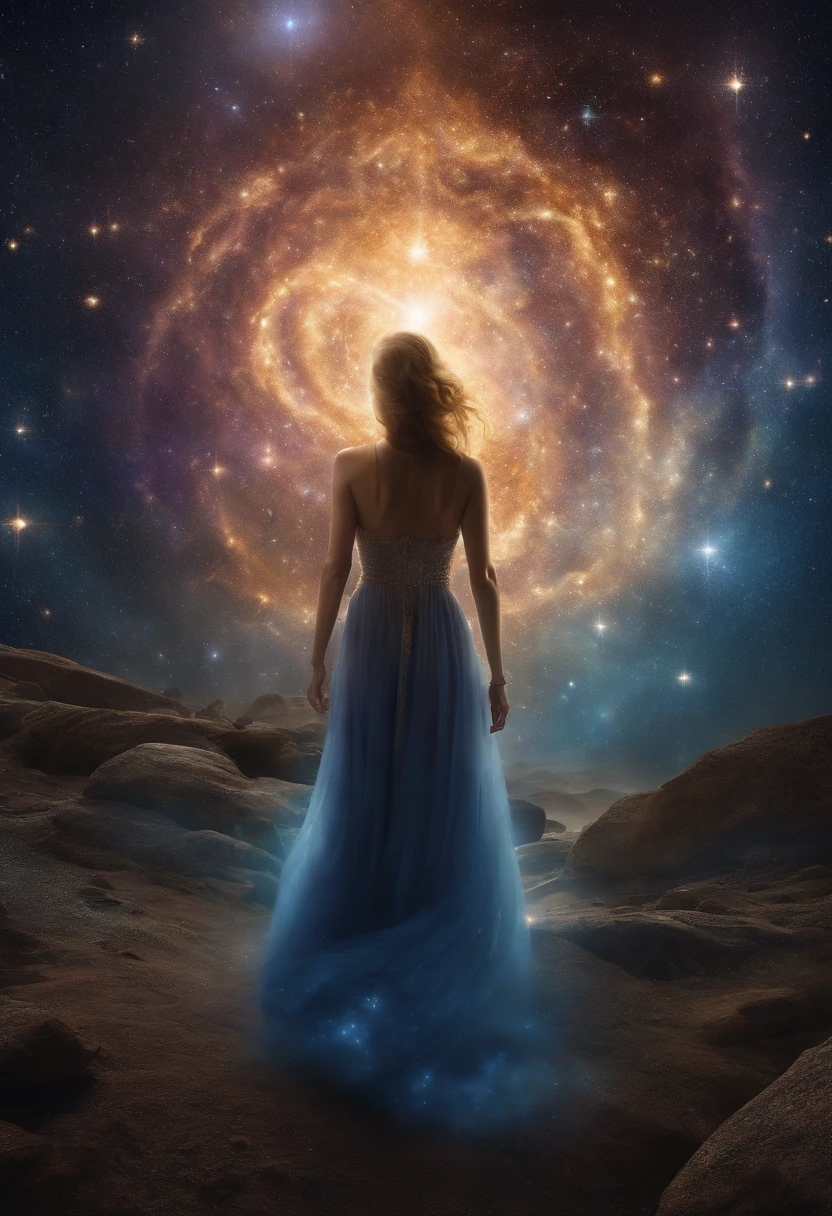 "Incarnate Cosmic Essence: Create an image that glimpses the cosmic as a human being. Imagine a figure whose essence is intertwined with the universe, radiating cosmic energy and wonder. Highlight elements like spinning galaxies, Estrelas, e nebulosas em sua forma. Use a celestial color palette that combines deep space tones with ethereal sparkles. The image must evoke a sense of transcendence and infinite possibility, offering viewers a glimpse into the mysteries of the universe embodied in human form. 8k UHD, intricate cosmic details, paleta de cores celeste, and an atmosphere of cosmic wonder."