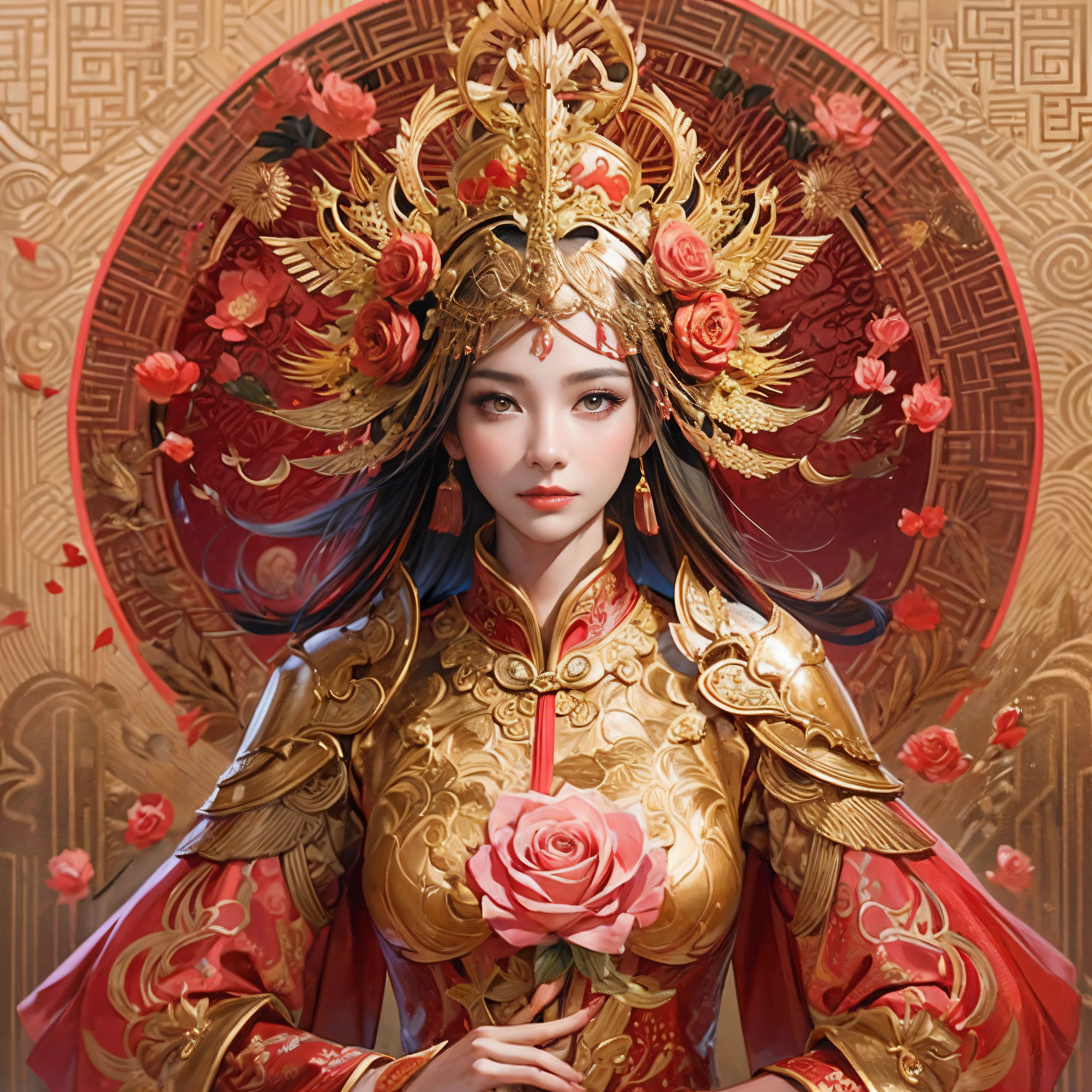 A woman in a red and gold Chinese dress，Phoenix crown,anatomy correct, (Exquisite helmet)，Delicate pattern，Oriental elements，Ink painting style, Clean colors,Pink rose space, Soft lighting, ( Bokeh)，Masterpiece, Super detailed, Epic composition, Highest quality, 16k，