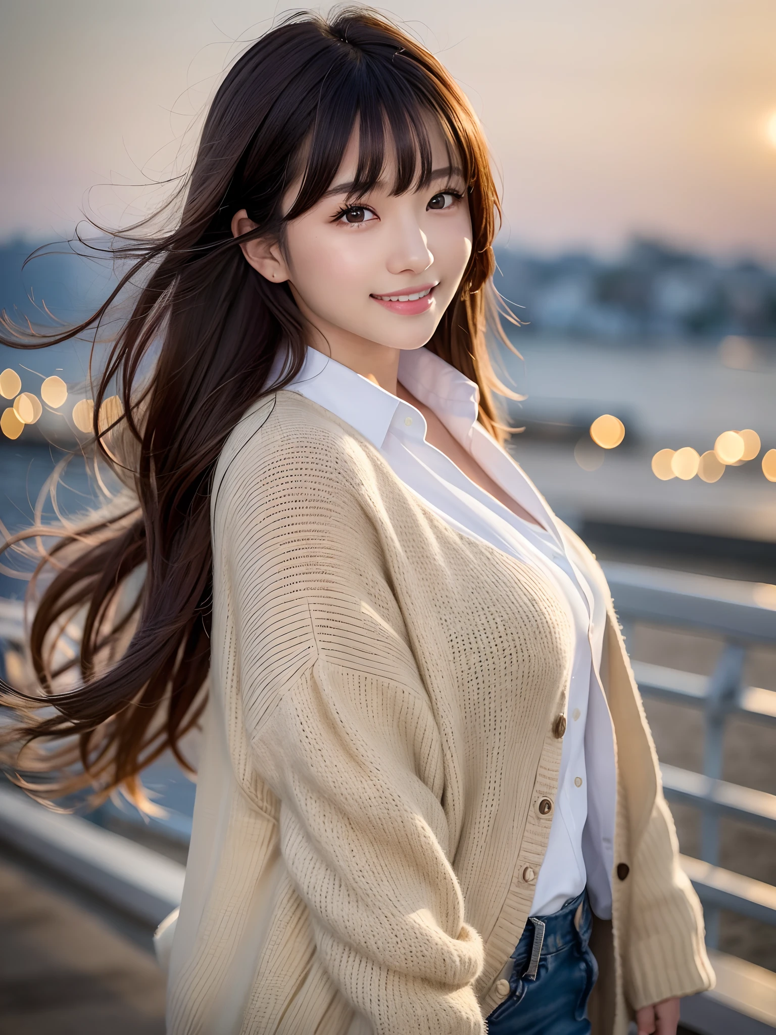 product quality, 1 girl, cowboy shot, front view, a Japanese young pretty girl, long bob hair, wearing a marriage ring, standing with a big smile on a pier in a huge port in the night, a night view over the sea, wearing a long length light yellow cardigan over a satin silk white shirt with collared, wearing light brown long jeans, her hair blown by wind,a shoulder bag, hyper cute face, glossy lips, double eyelids for both eyes, natural makeup, shiny smooth light brown hair of long bob hair, asymmetrical bangs, tanned skin, high resolution, high detail, detailed hairstyle, detailed face, cinematic lighting, octane rendering, hyper realistic, perfect limbs, perfect anatomy