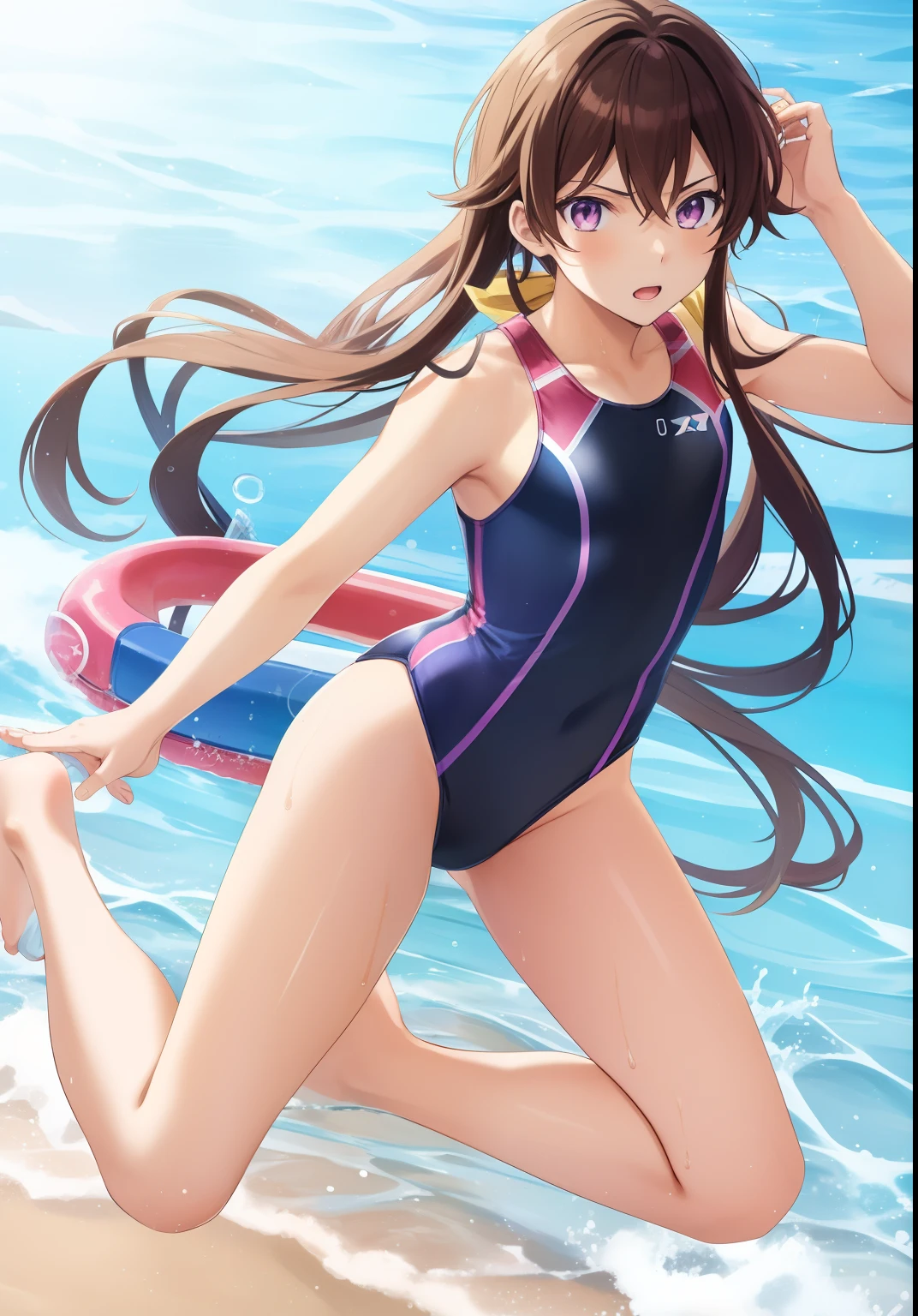 Anime boy in swimsuit, Long twin-tailed brown-haired boy, Boy with long two-sided brown hair, Boy with Purple Eyes, wearing a swimming wear, Swimsuit, Wet swimsuit, Seductive Anime Boy, garments:High-cut swimwear, Cool anime boy in black and yellow tanksuit, anime moe art style, swim wears, Commission for high resolution, Competitive swimsuit, (Anime Boy), onepiece swimsuit, marin kitagawa fanart, high quality fan art, highleg, cel shaded anime, swimsuit model, oc commission, [ 4 k digital art ]!!, Realistic swimwear, Yellow Hairband, Bare shoulders, bare legs, !!Full body portrait!!,