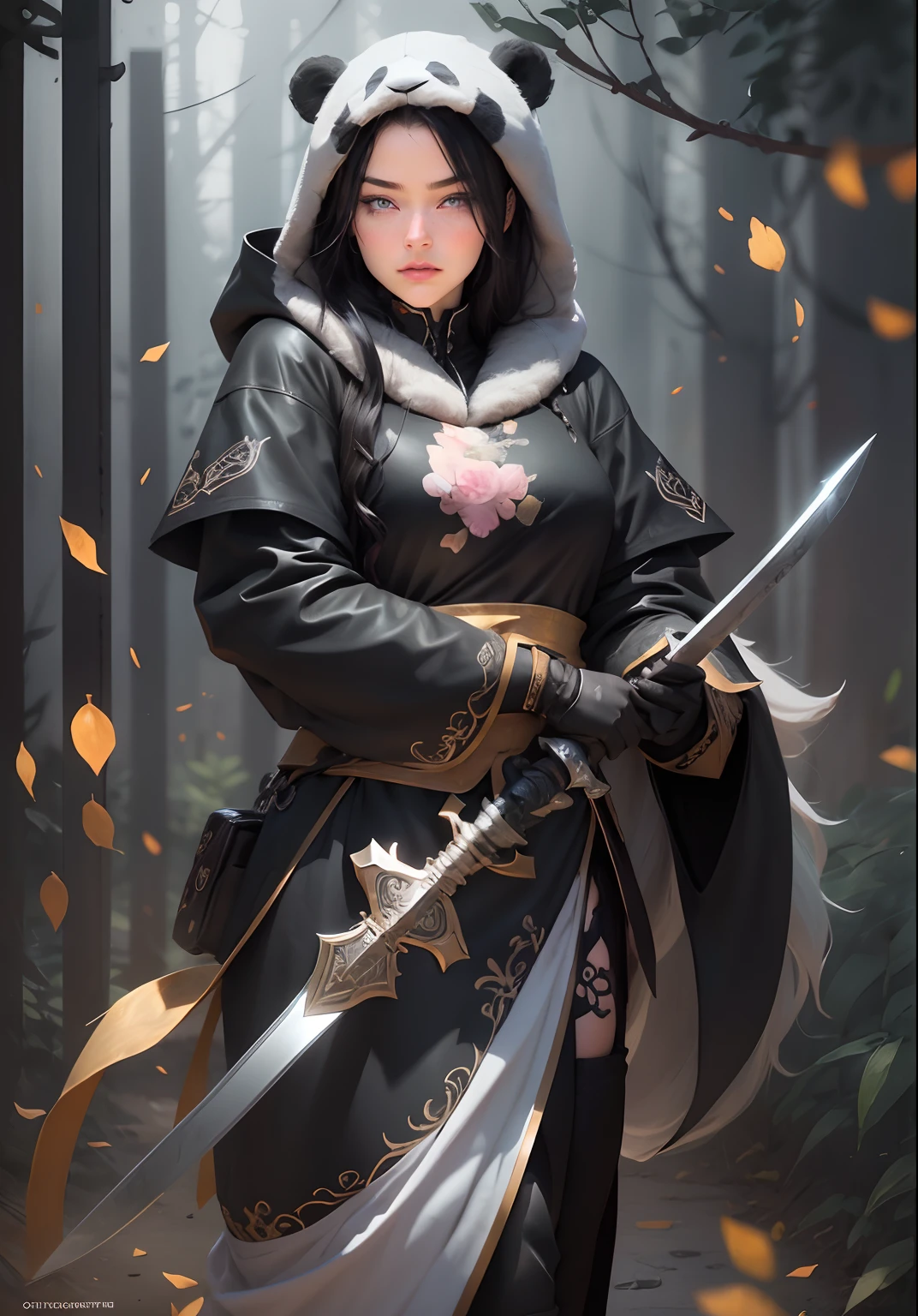 Sketch book, hand drawn, dark, gritty, realistic sketch, Rough sketch, mix of bold dark lines and loose lines, bold lines, on paper, turnaround character sheet, female panda knight, Full body, arcane symbols, runes, flowing black hair beautiful, handsome, padded leather clothing embroidered with pink roses, modest, leather rune embroidered boots