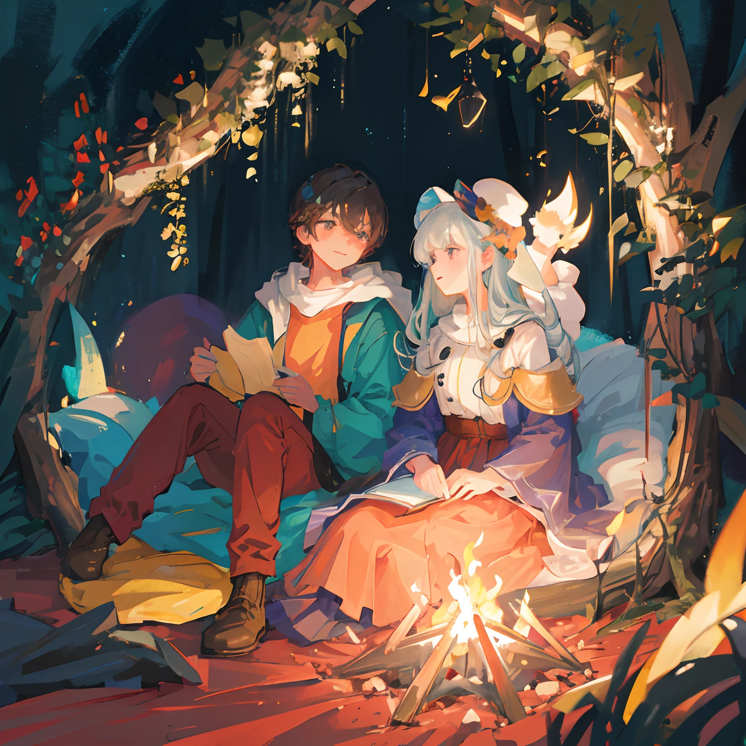 A traveler and his partner, a dog, are cuddling around a campfire in an open forest clearing at night, their tents pitched. The traveler has a beautiful face and brightly colored, shining eyes. They are dressed for outdoor activities and wear elaborate and delicate ornaments. Beautiful starry sky. A campsite lit by the light of a campfire. Detailed drawings. Vivid colors. High image quality. --s 1000 --ar 4:5 --niji 5