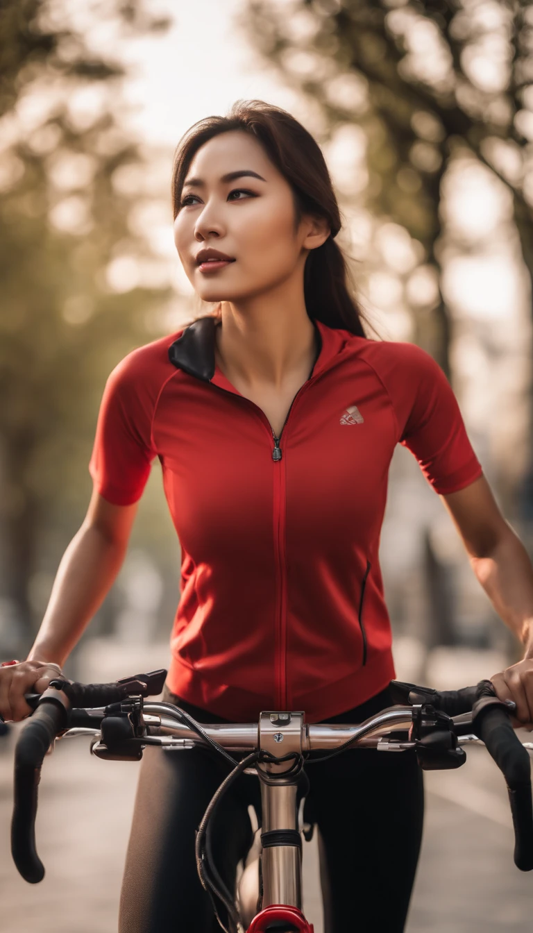 beauty girl, asian, slim body, music, bike, city background, overview, sunlight shines backwards, discreet red sports clothes, all body, giggle,