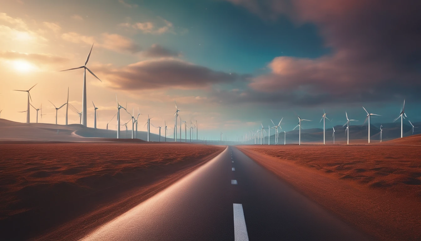 Abstract 3d rendering of empty futuristic road,Empty field,There is light in the sky.,In the distance there are buildings and wind turbines,Science fiction concept.