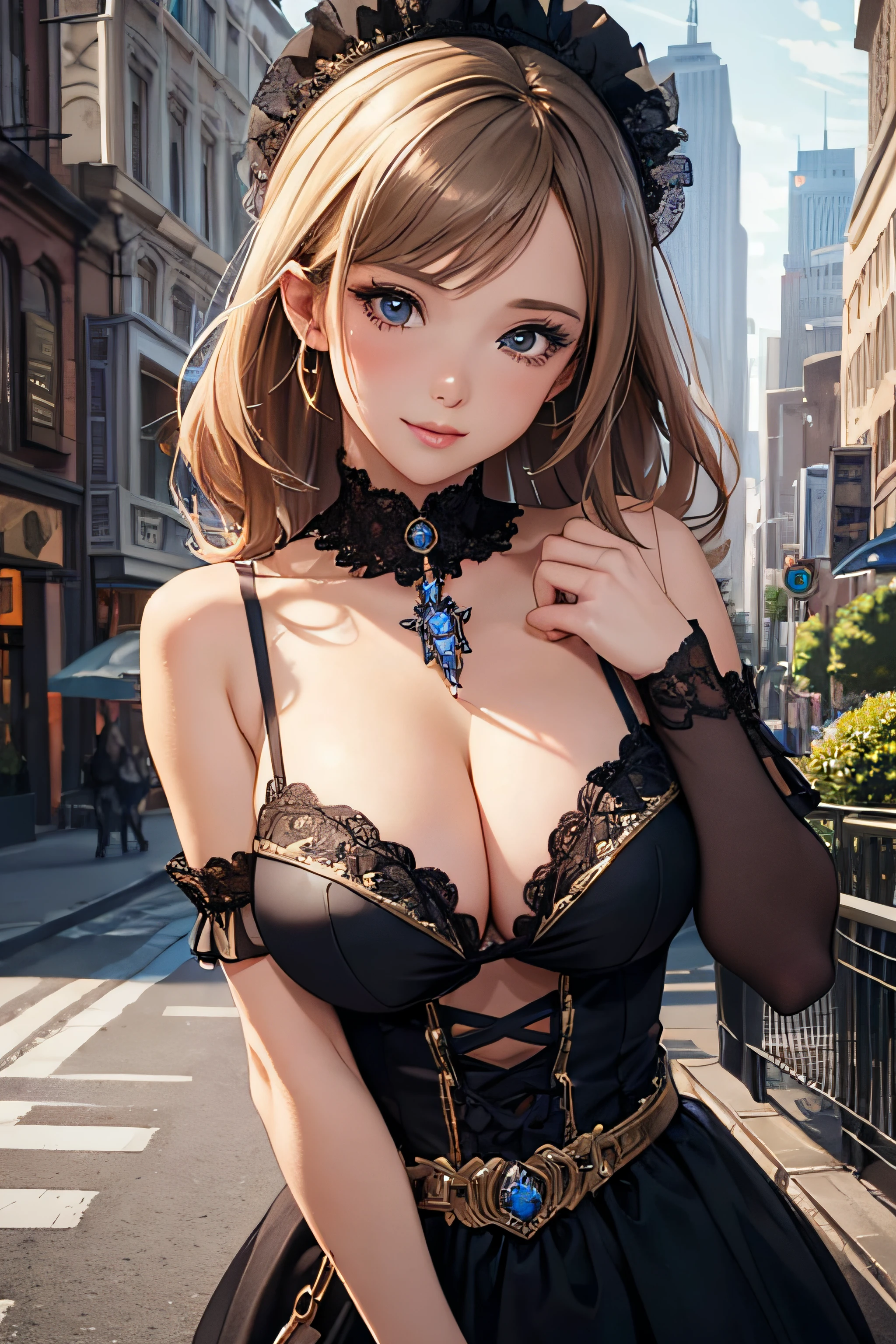 girl in wenesday costume, medium breasts, cleavage, cityscape, flirtatious look, ((very detailed)), (perfectly detailed face), (well detailed hand) photorealistic image.