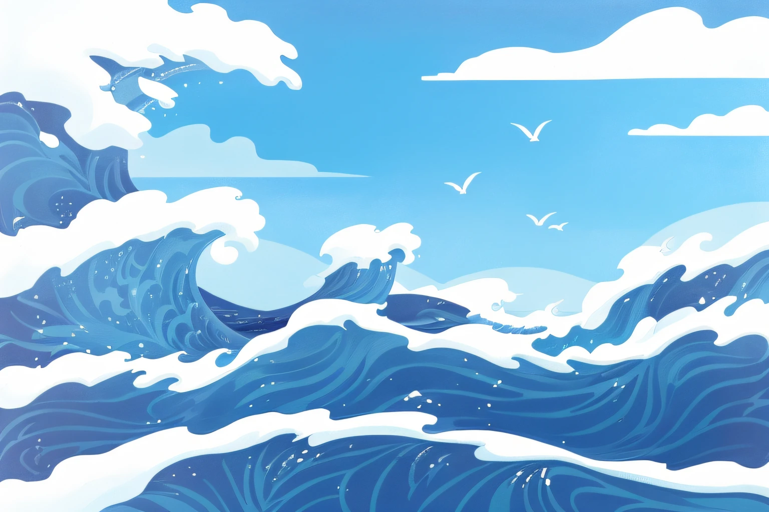 Draw a wave，Birds fly across the sky, wild ocean background, inspired by Katsuchika Hokusai, inspired by Katsushika Hokusai, inspired by Hokusai, katsushika hokusai style, Ocean, Sea backgroun, large waves, foamy waves, ​​clouds、Wings and waves, blue crashing waves, soaring waves