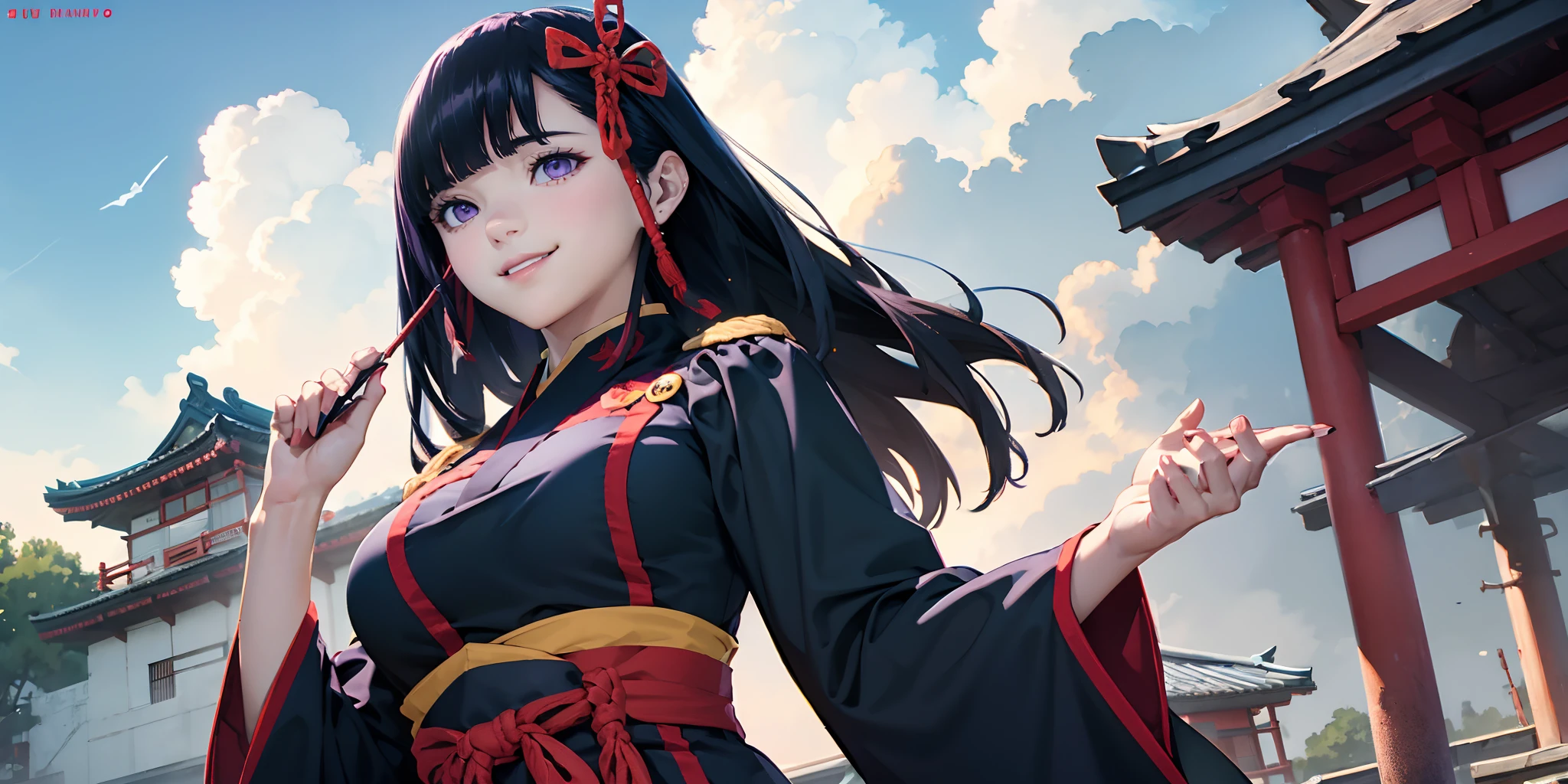 1girl, hair_ornament, wide_sleeves, breasts, long_hair, black_hair, japanese_clothes, makeup, cloud, kimono, sash, black_kimono, bangs, purple_eyes, looking_at_viewer, standing, cloudy_sky, mole, large_breasts, solo, sky, very_long_hair, obi, smile, lipstick, red_lips, blunt_bangs, mole_under_mouth, long_sleeves, lips